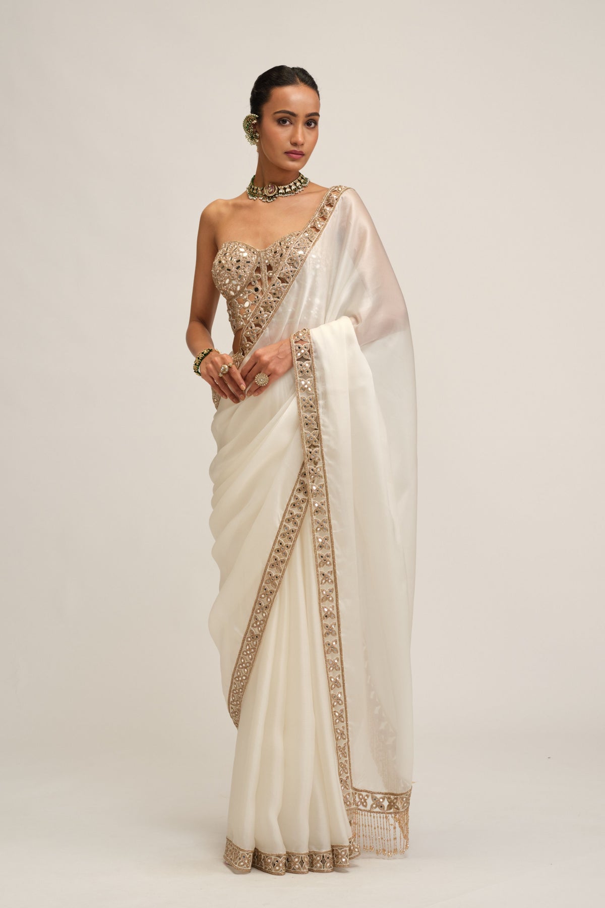 Off White Border Saree Set