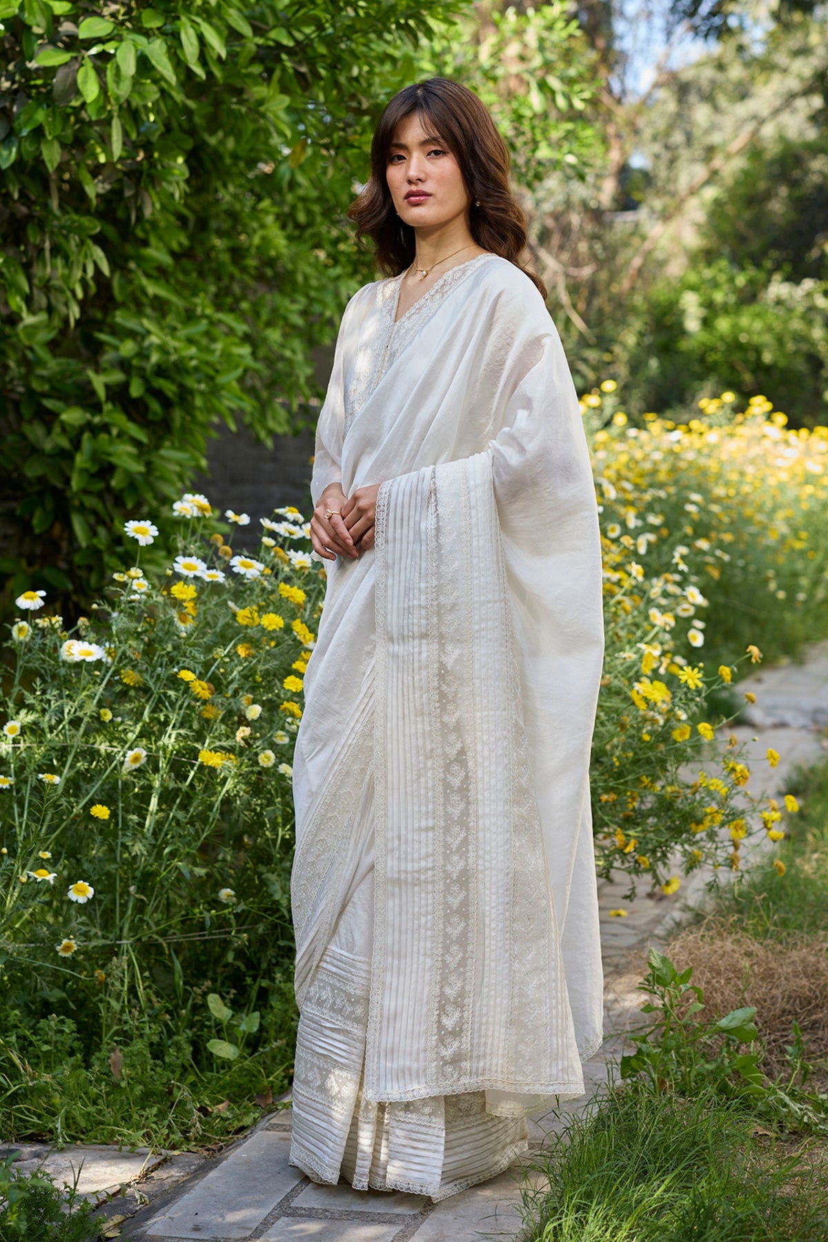 Wander Trail Ivory Embroidered Saree