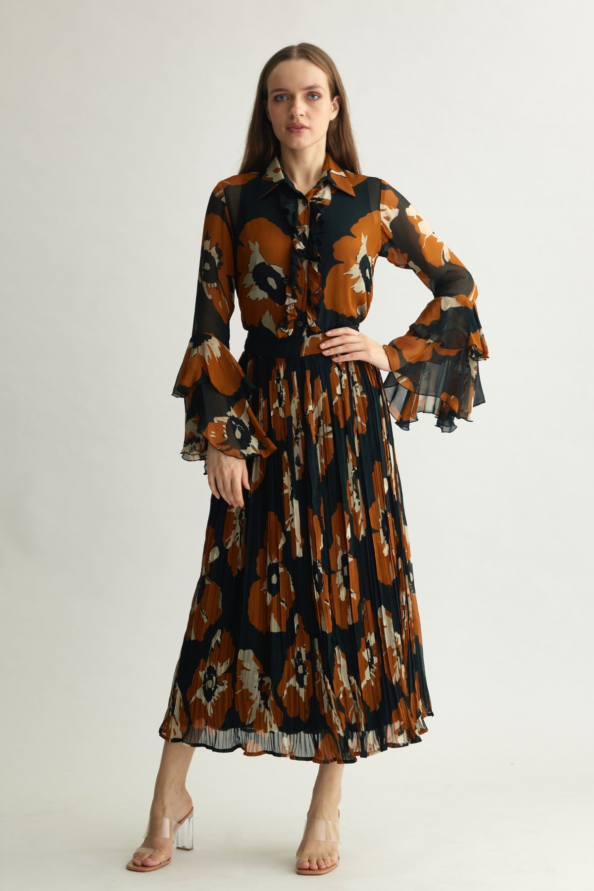 Rust Floral Crinkled Skirt