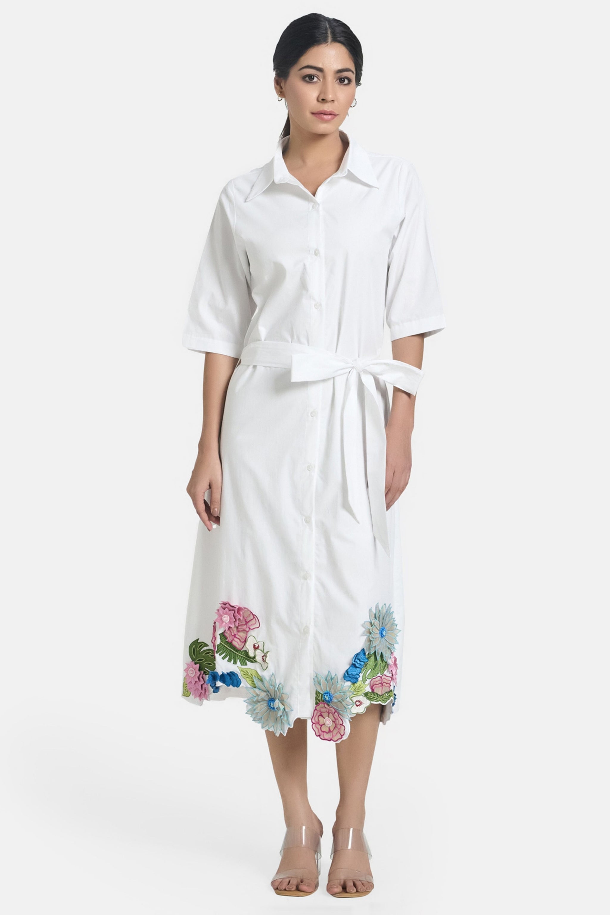 White 3D Flower Embroidered Shirt Dress XL White 3D Flower Embroidered Shirt Dress XL