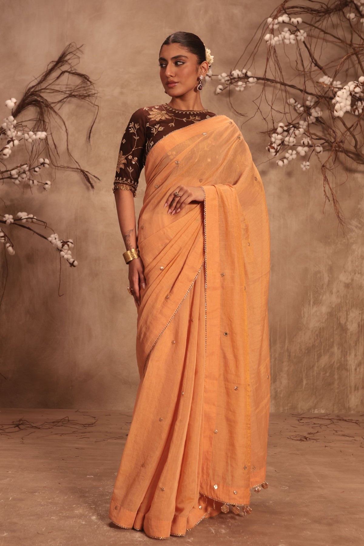 Orange Embroidered Saree Set