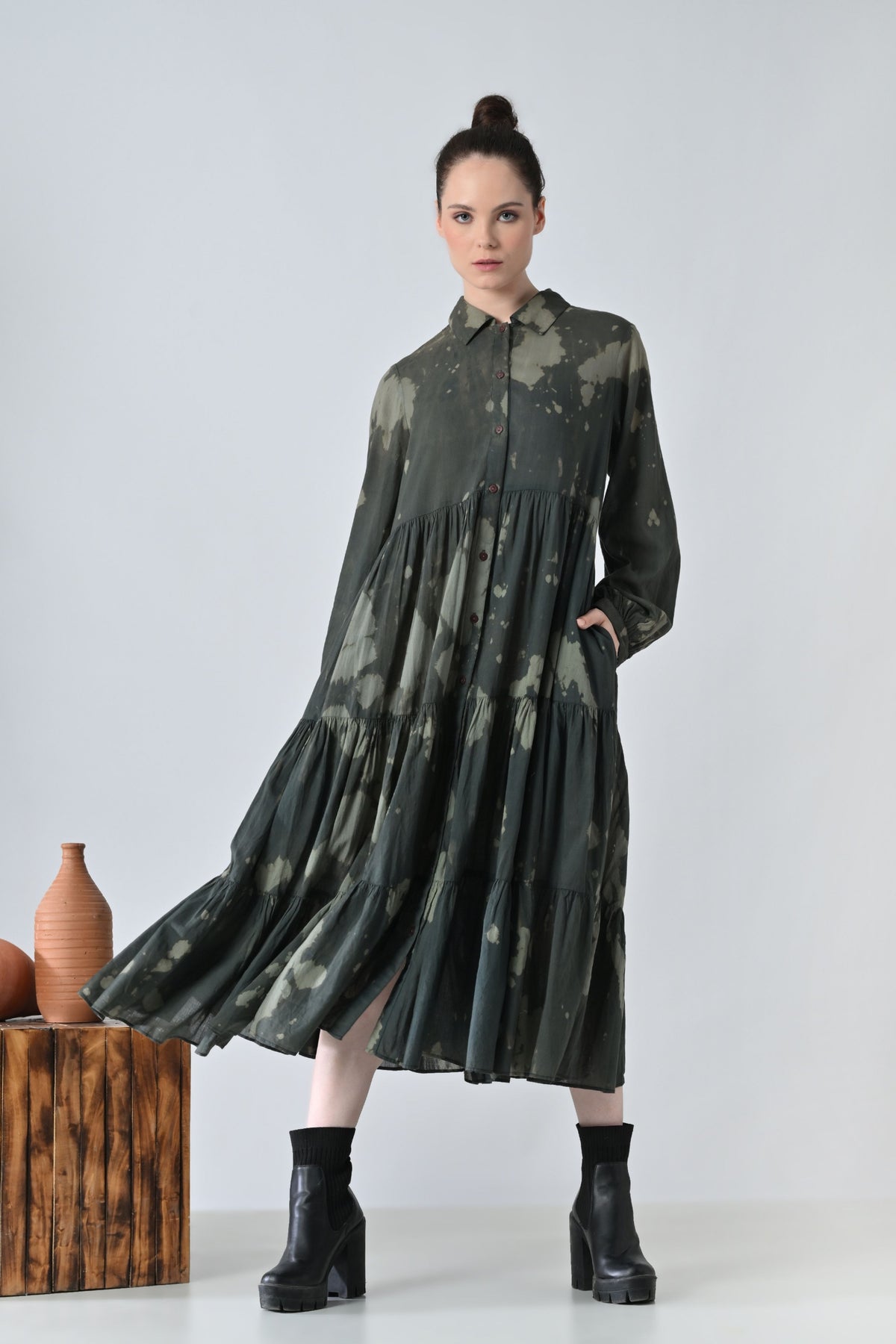 Forest Green Printed Tiered Shirt Dress