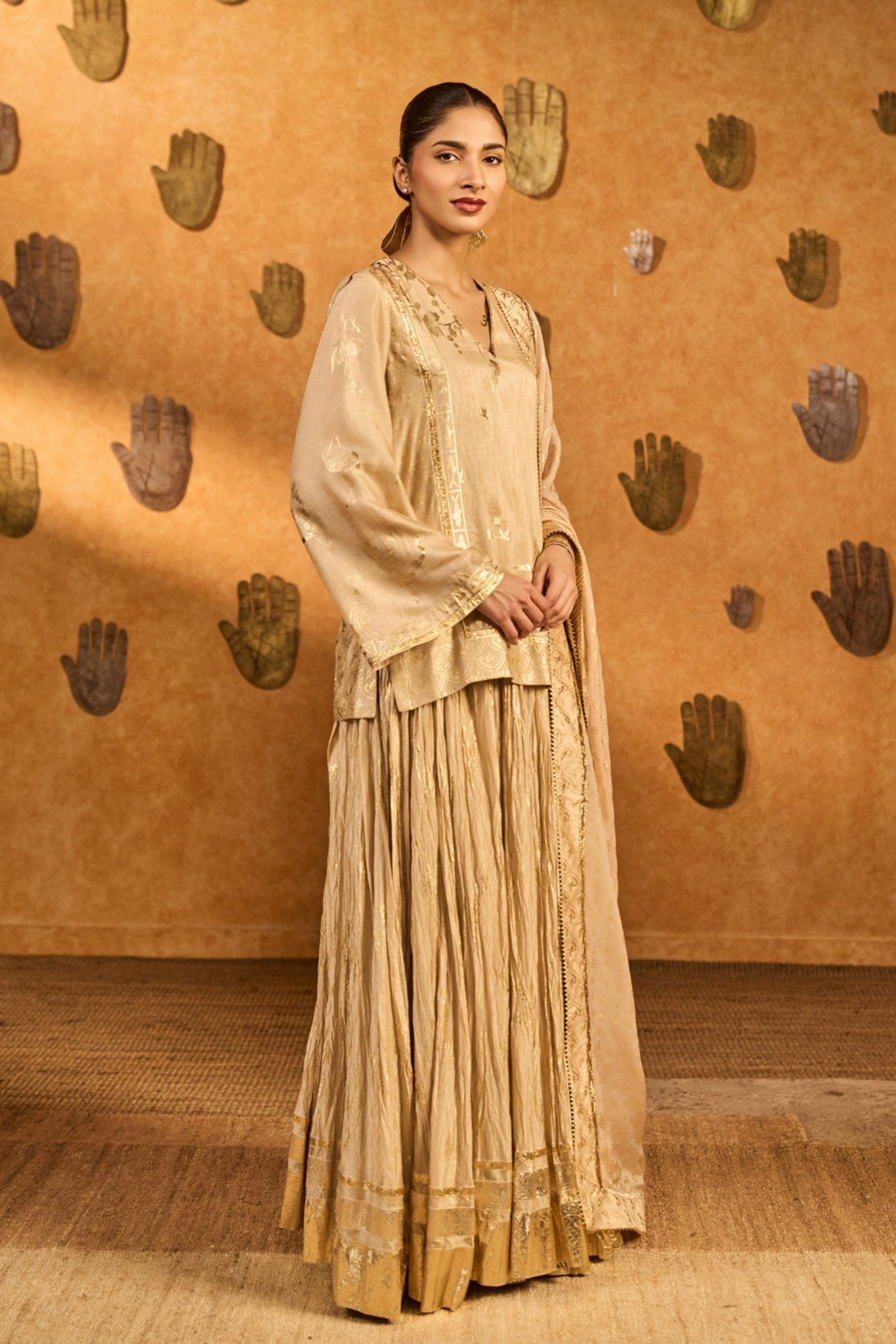 Oatmeal Crane Lehenga Set - Masaba - Elahe
