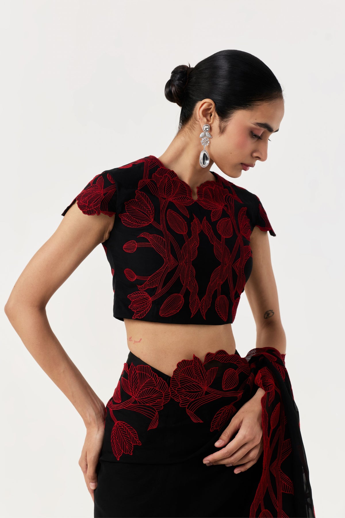 Wild Tulip Pre-Stitched Black Red Saree Set