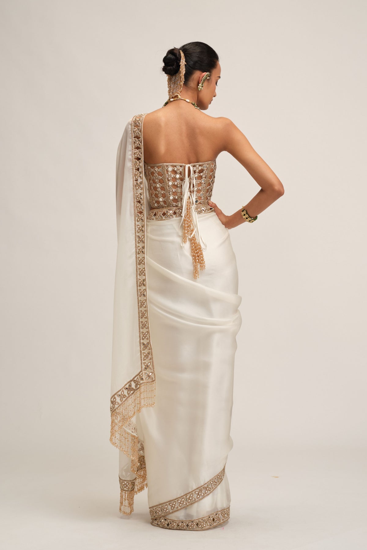 Off White Border Saree Set