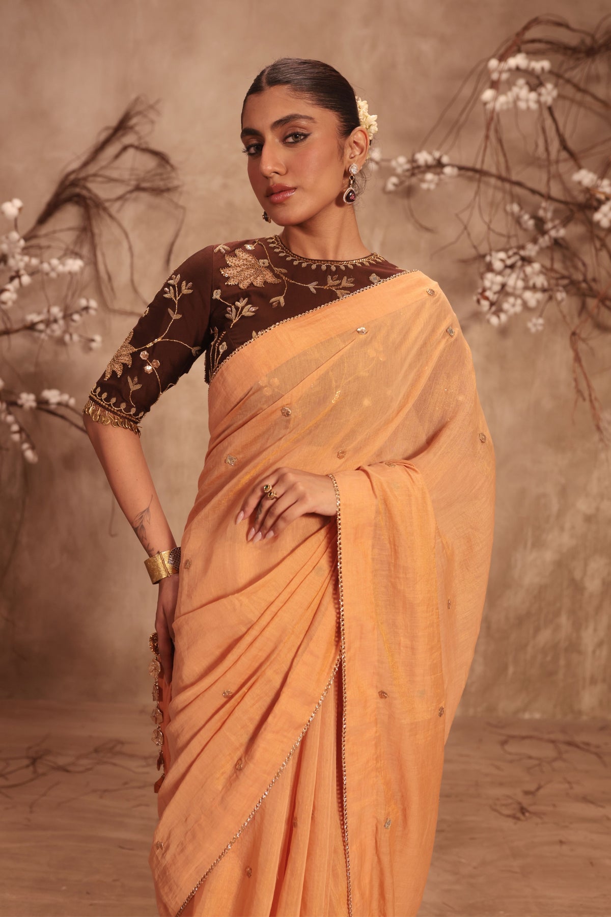 Orange Embroidered Saree Set