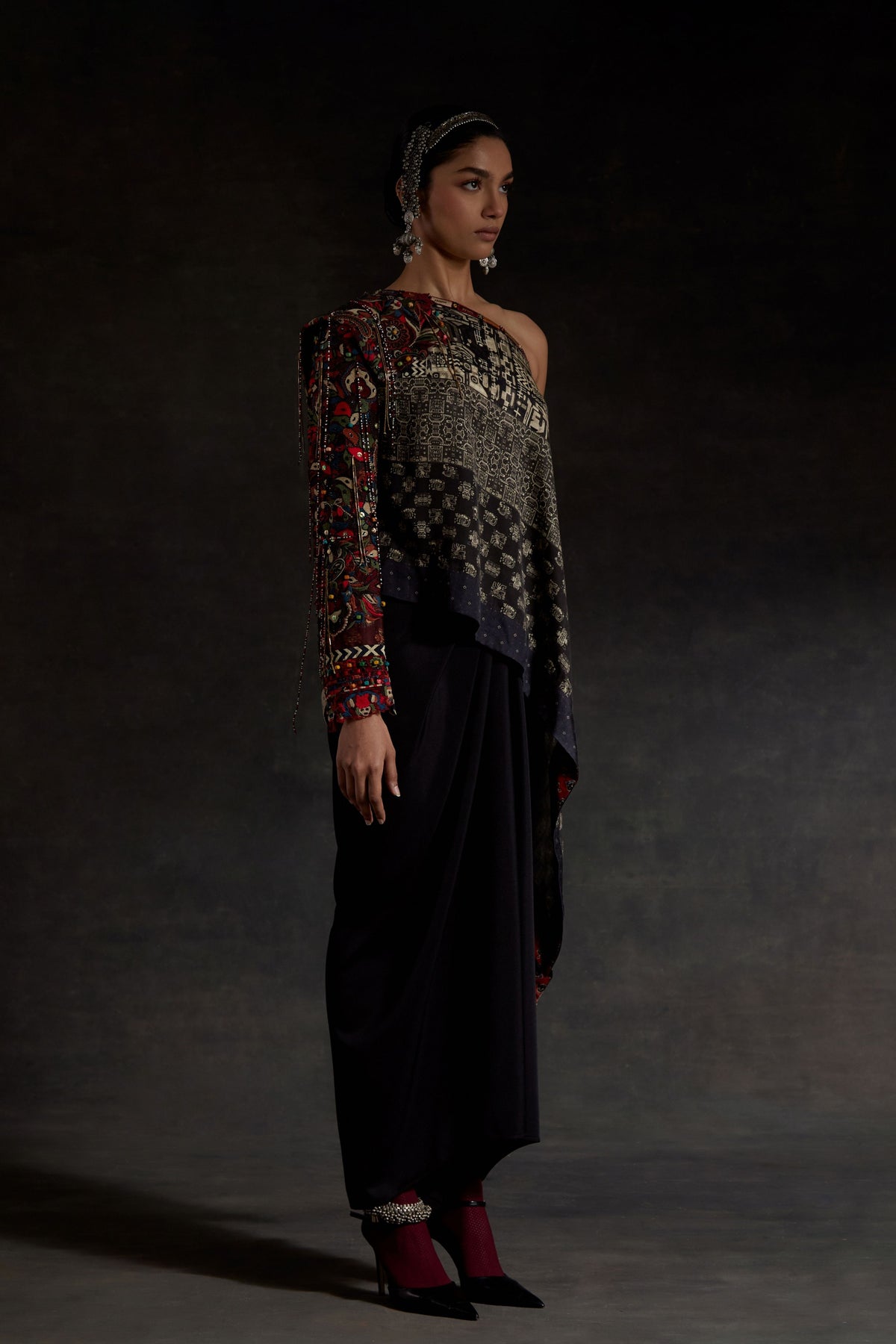 Embroidered Rasa One Shoulder Long Top Set