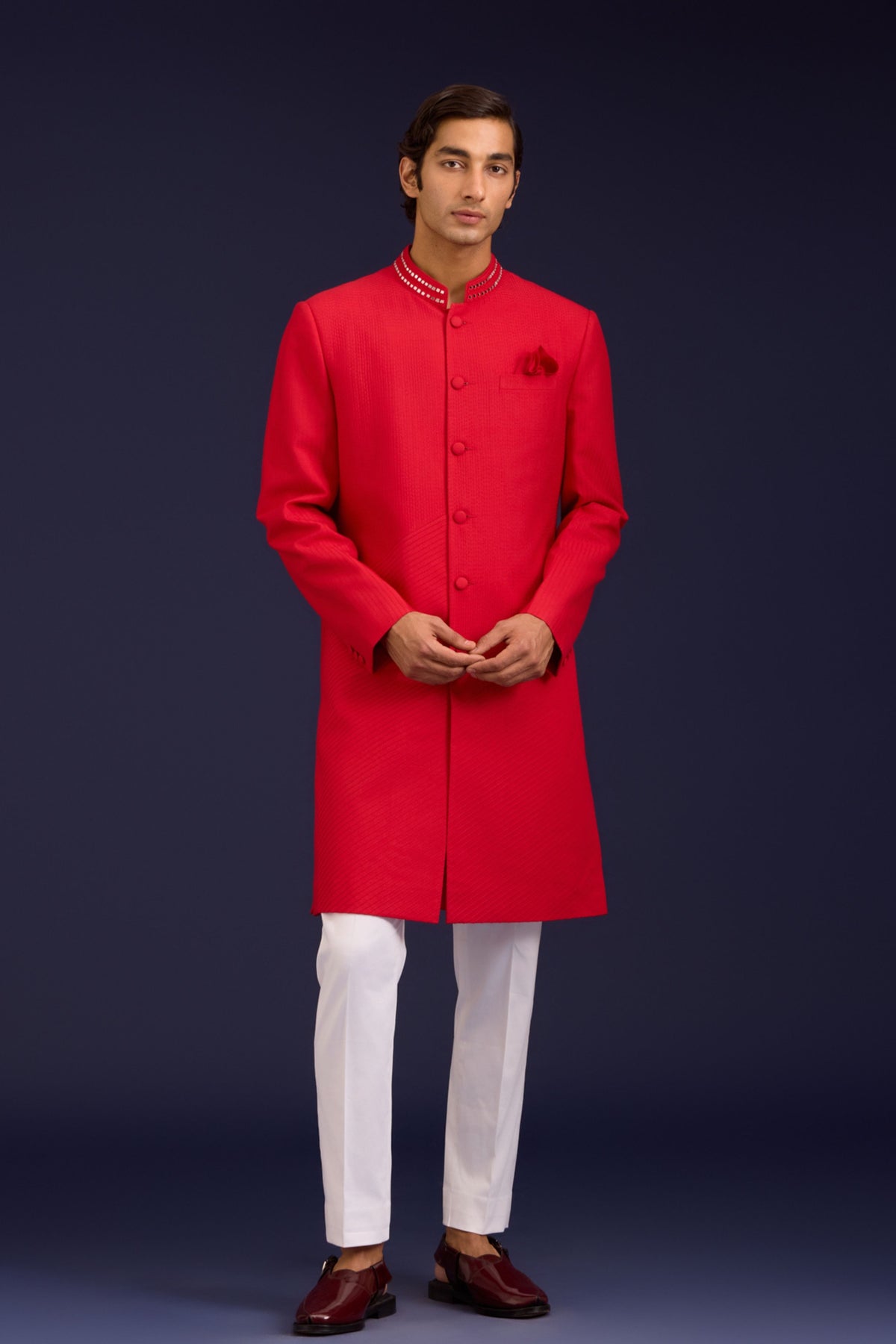 Red Cotton Silk Sherwani Set