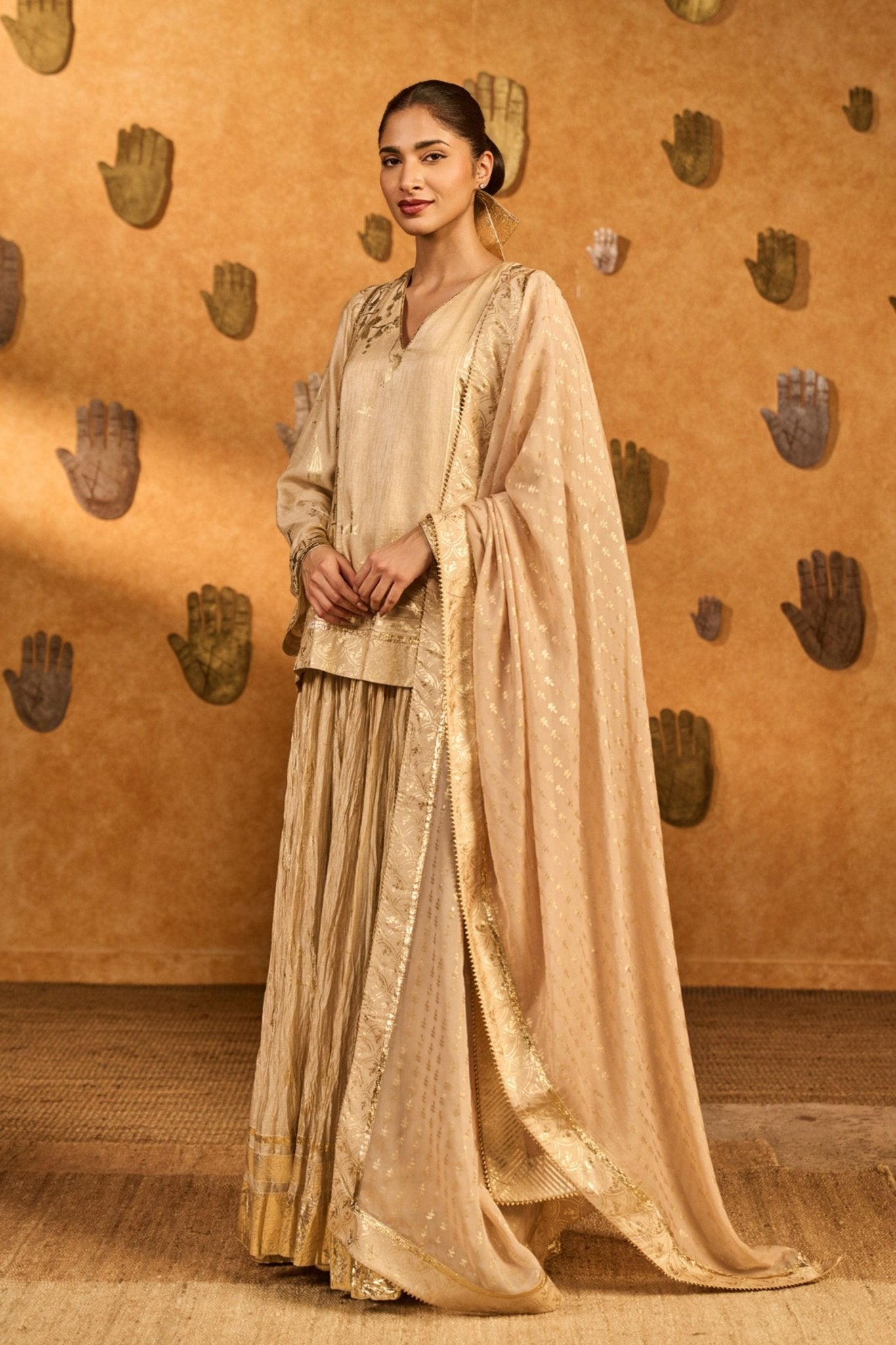 Oatmeal Crane Lehenga Set - Masaba - Elahe