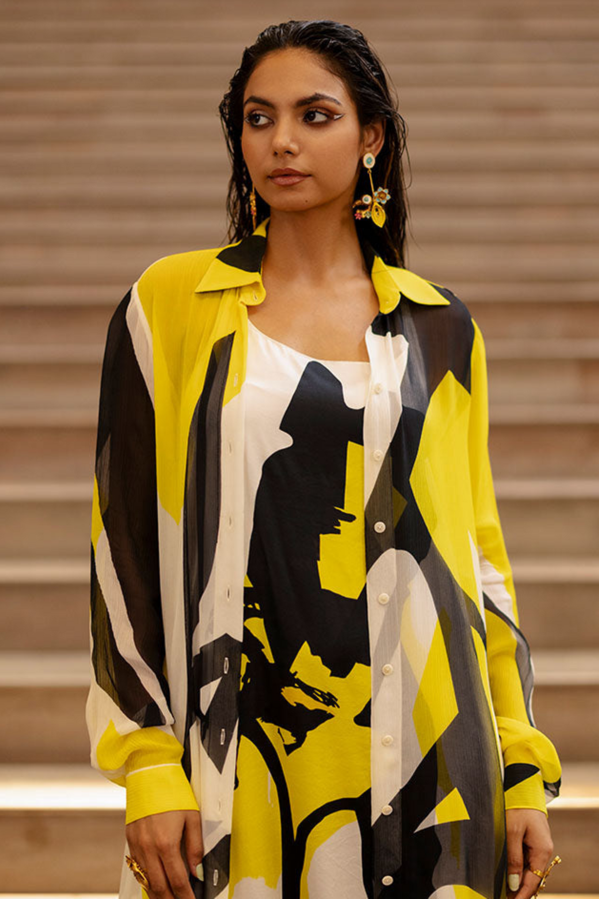Abstract Print Jacket With Slip Dress