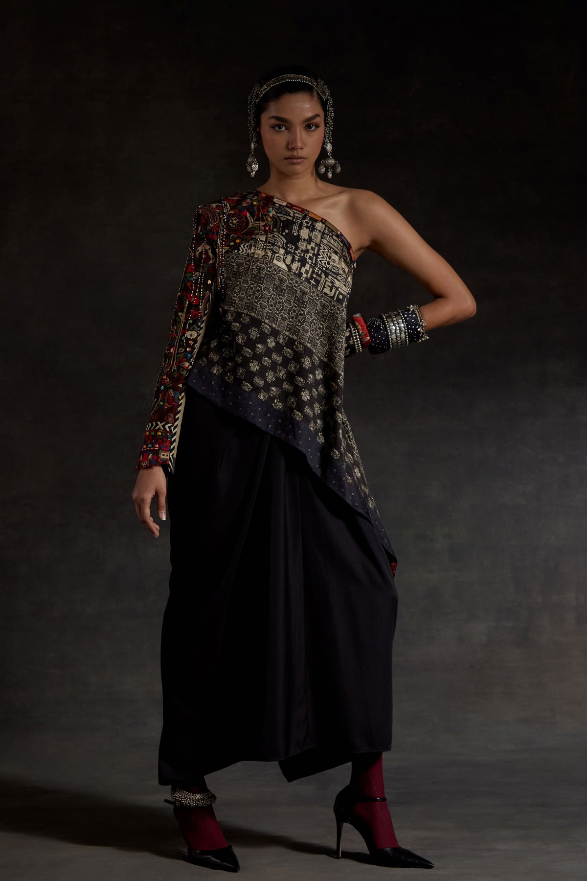 Embroidered Rasa One Shoulder Long Top Set
