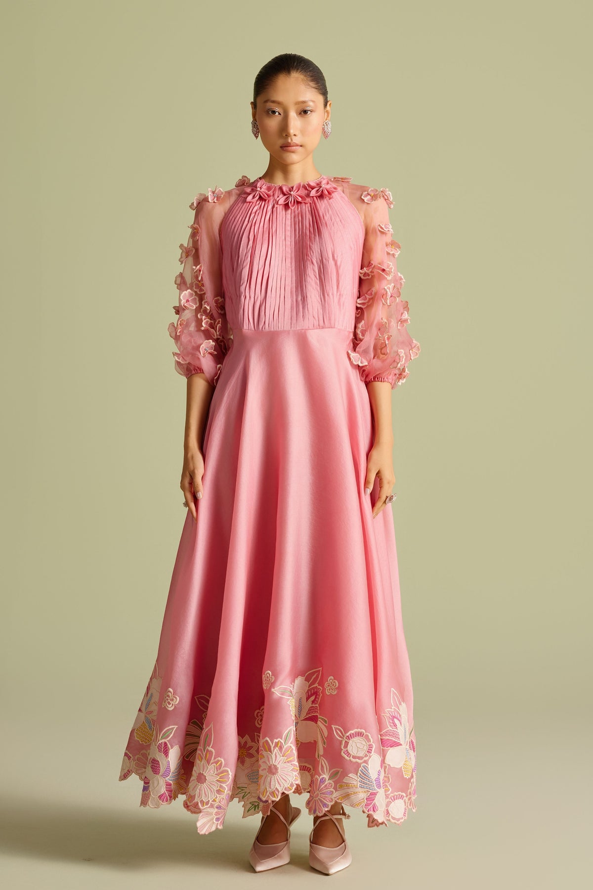 Pink Embroidered Flounce Dress