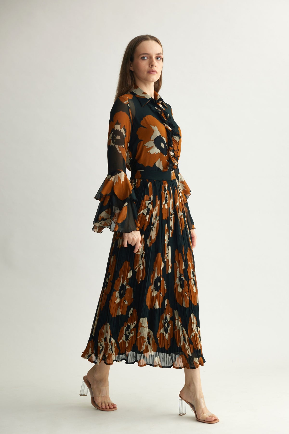 Rust Floral Crinkled Skirt