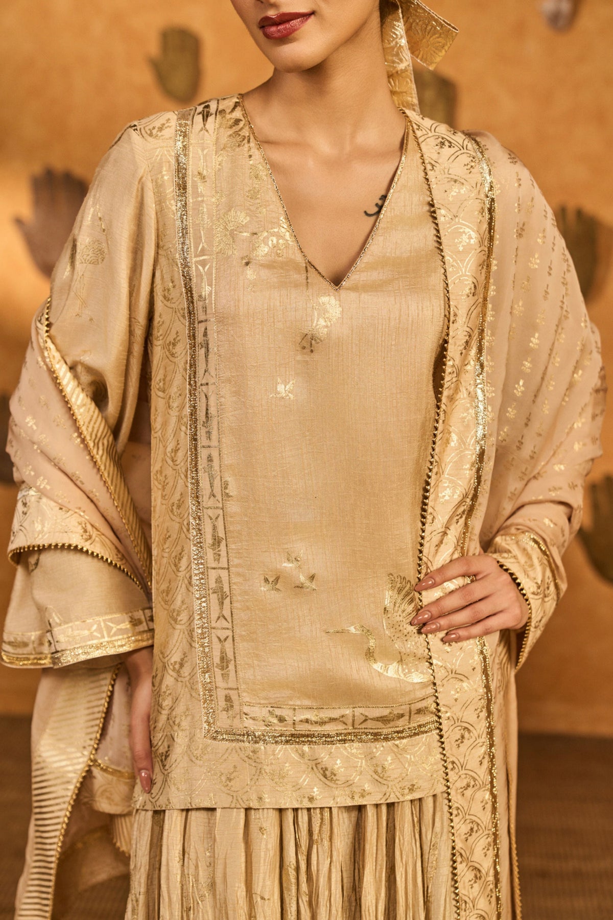 Oatmeal Crane Lehenga Set