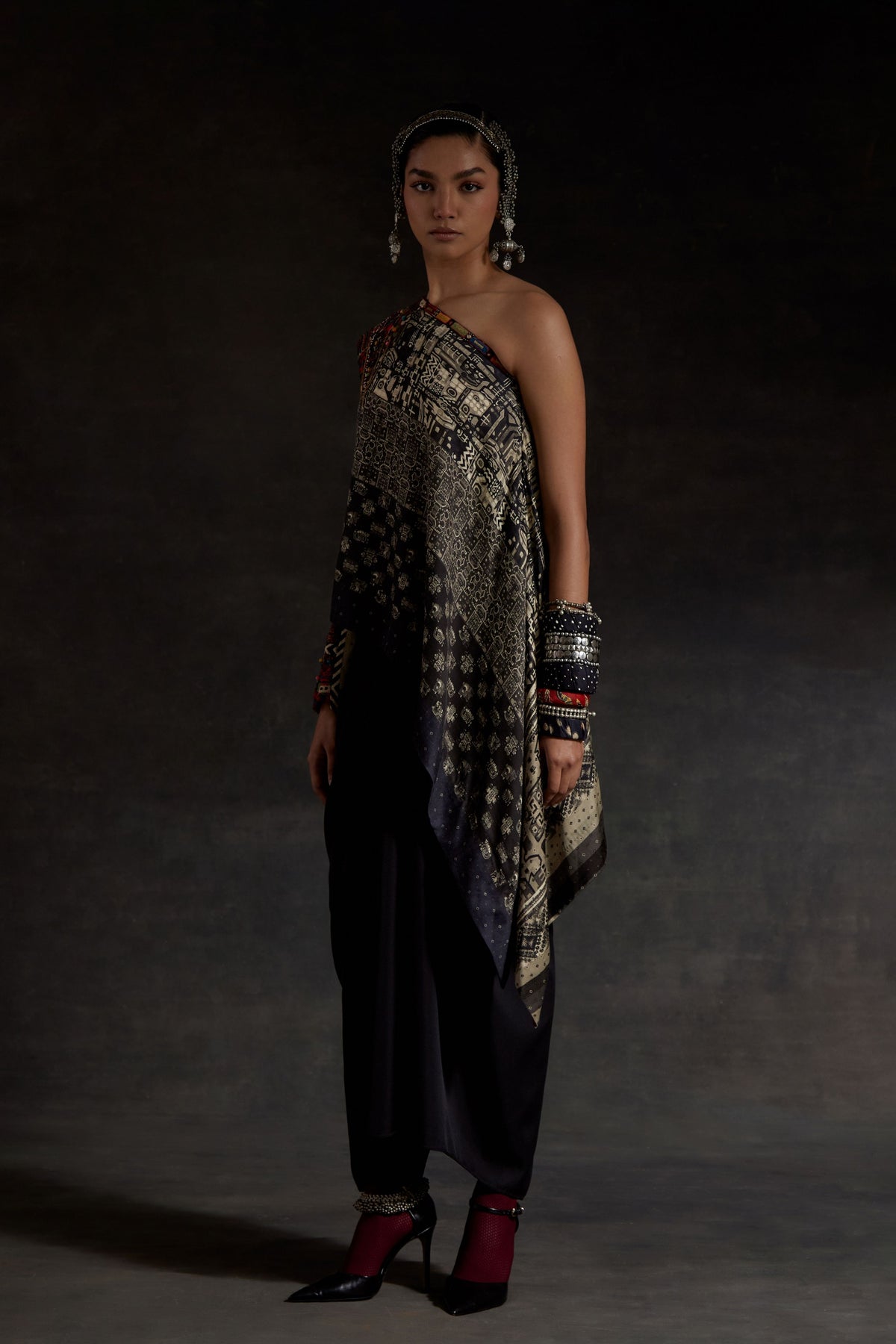 Embroidered Rasa One Shoulder Long Top Set