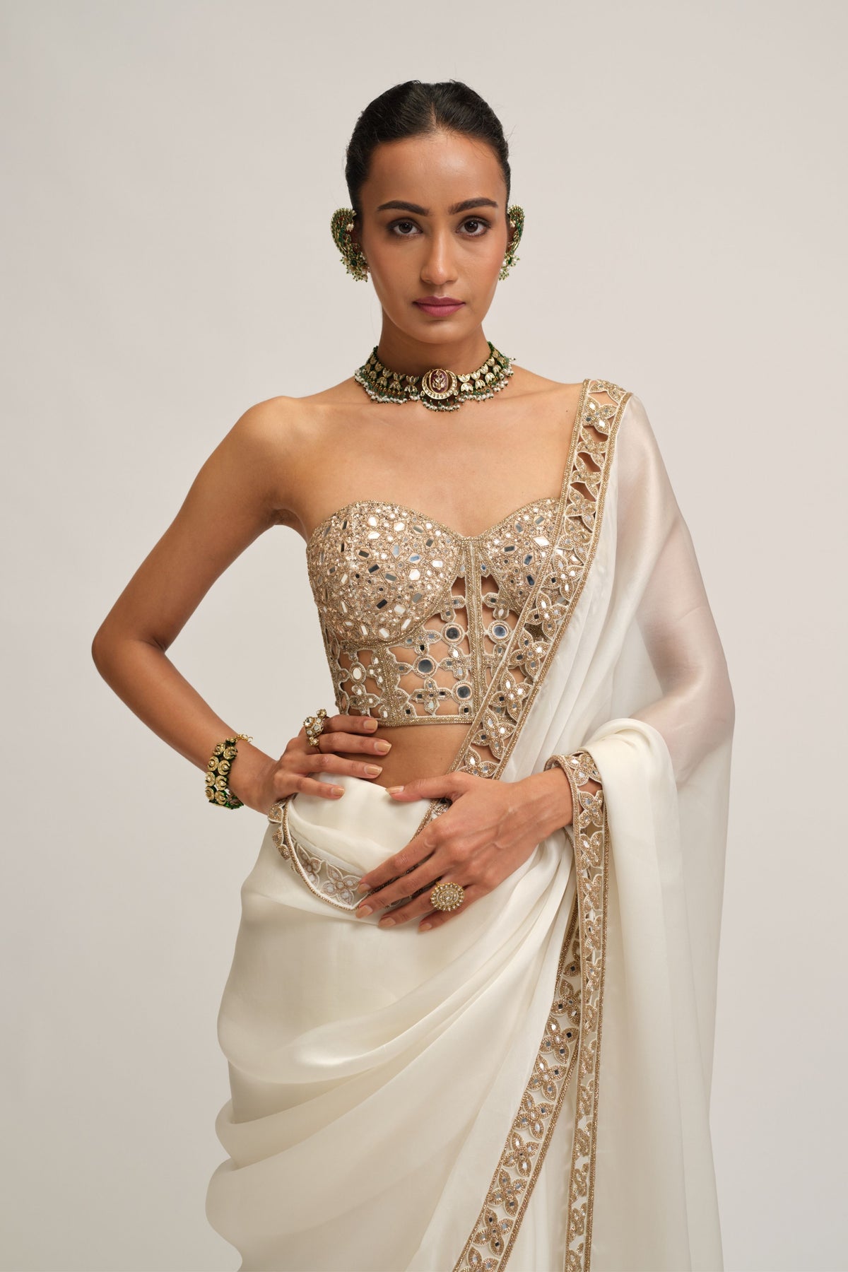 Off White Border Saree Set