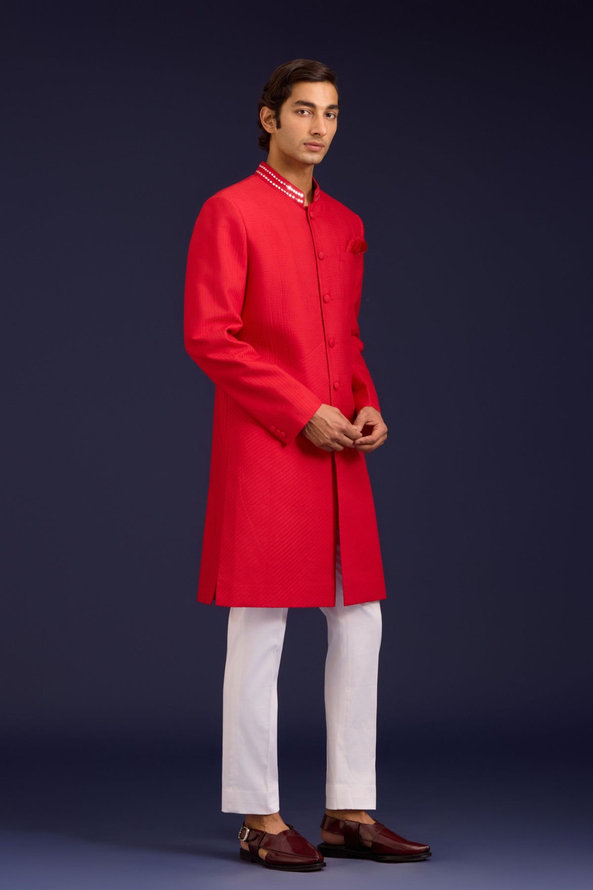 Red Cotton Silk Sherwani Set