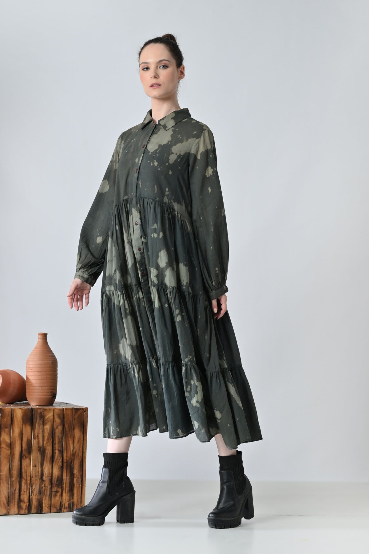 Forest Green Printed Tiered Shirt Dress