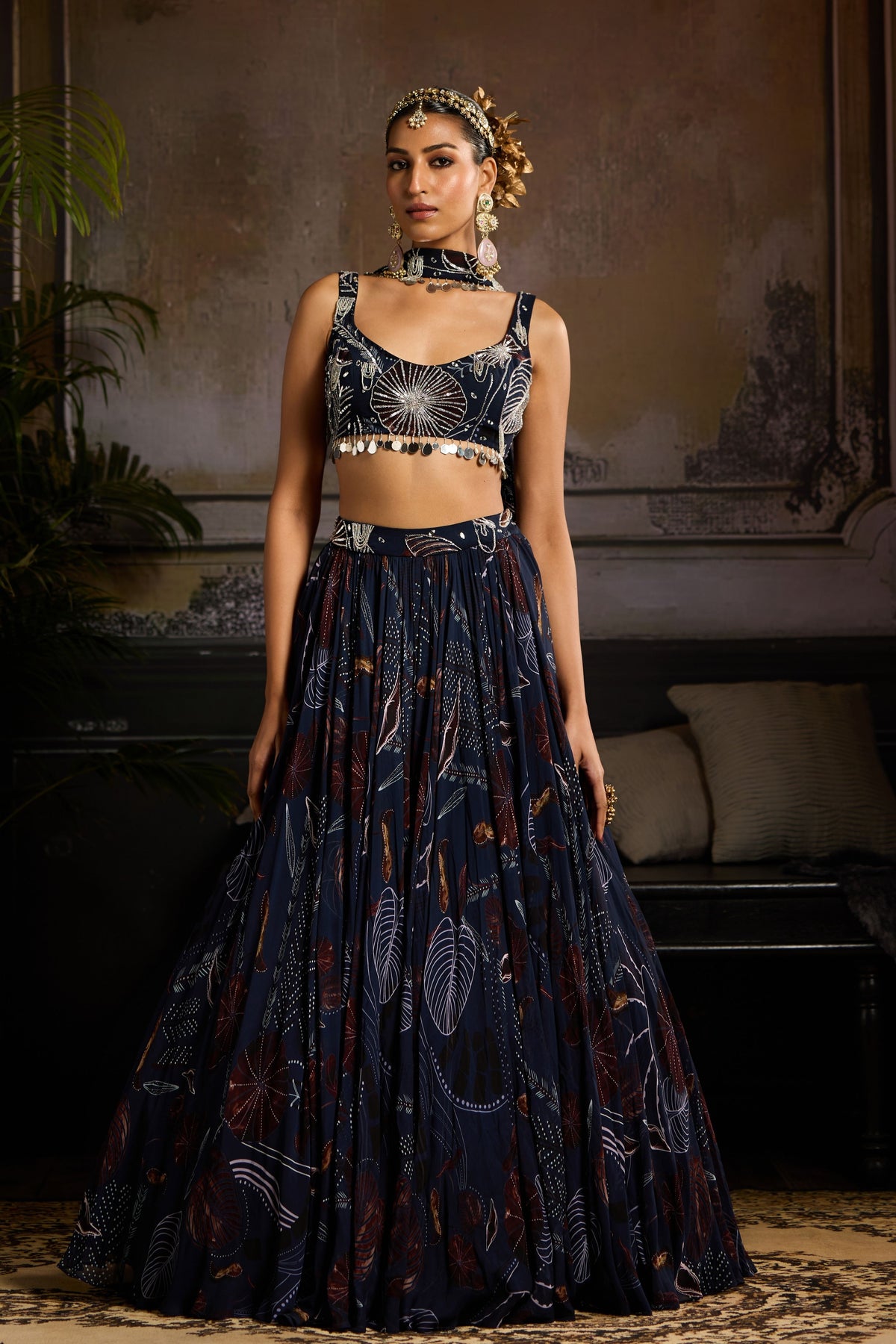 Dark Blue Embroidered Lehenga Set