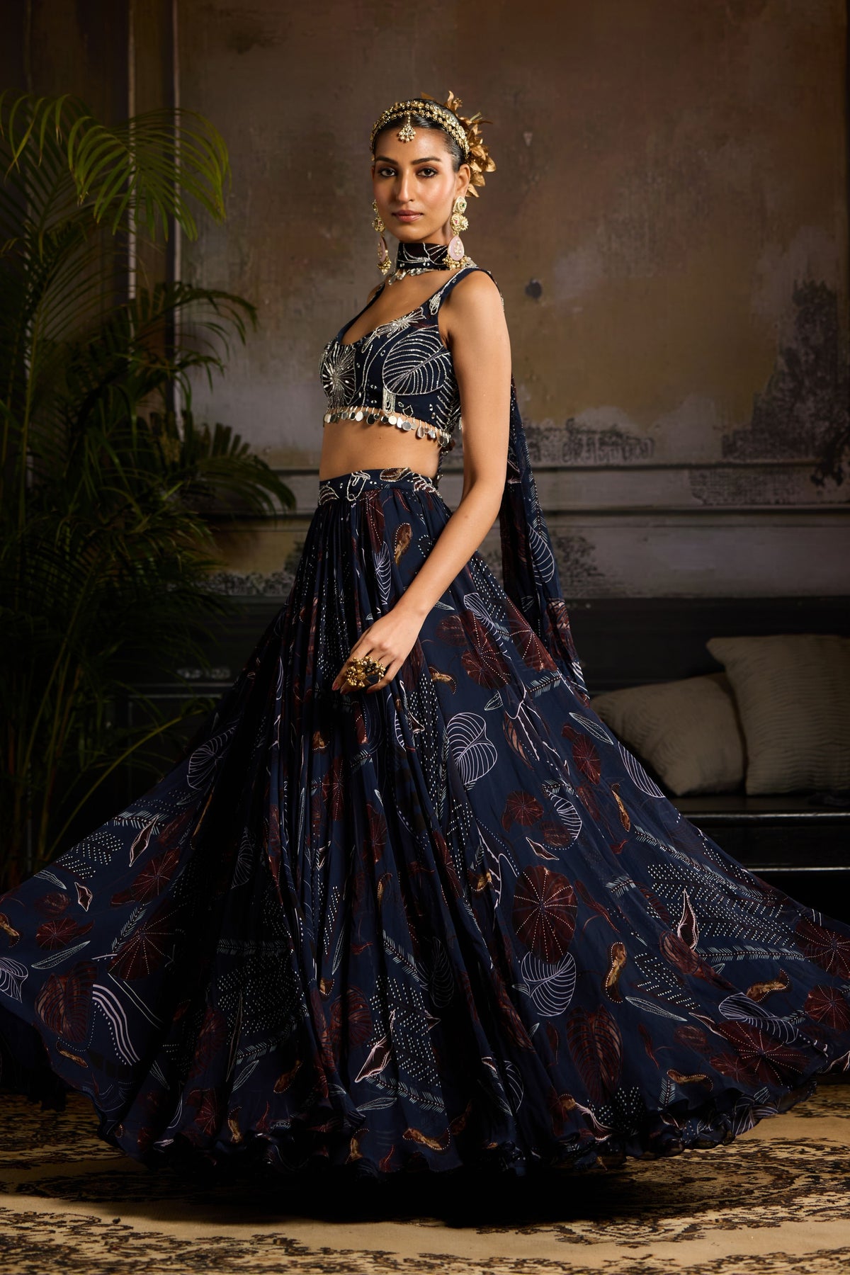 Dark Blue Embroidered Lehenga Set