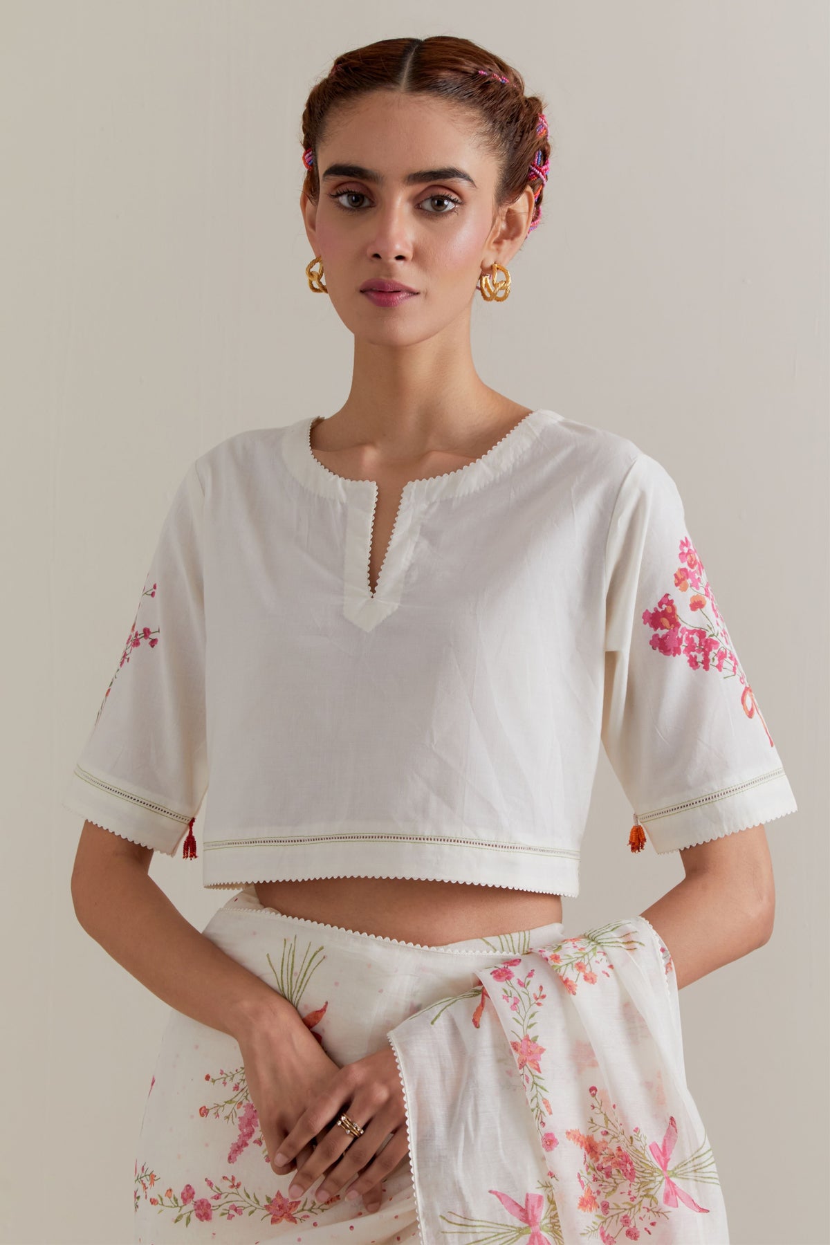 Pink Green Polka Saree Set