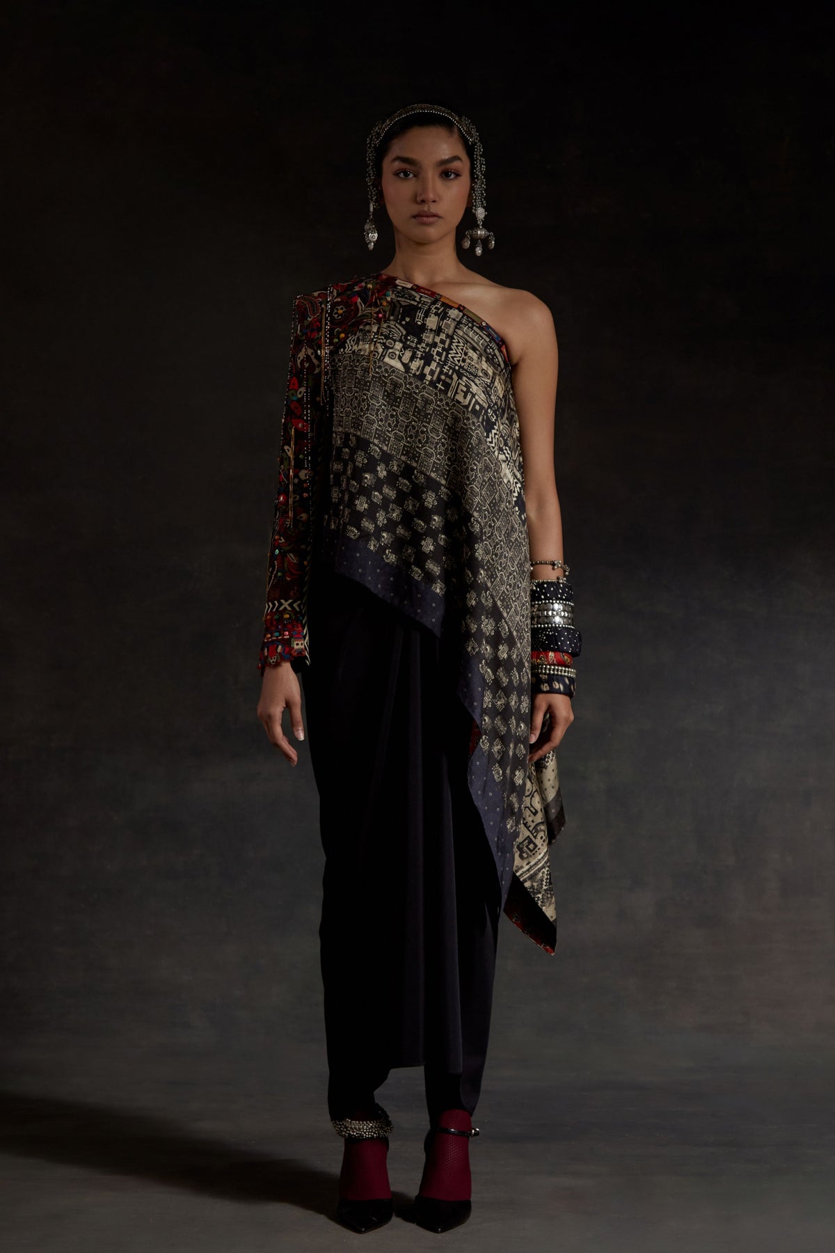 Embroidered Rasa One Shoulder Long Top Set