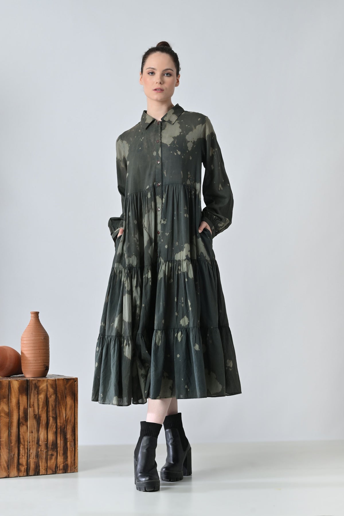 Forest Green Printed Tiered Shirt Dress