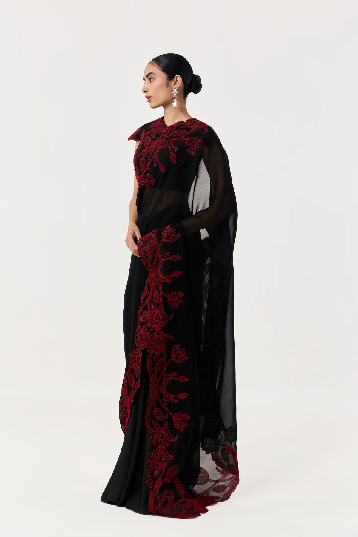 Wild Tulip Pre-Stitched Black Red Saree Set