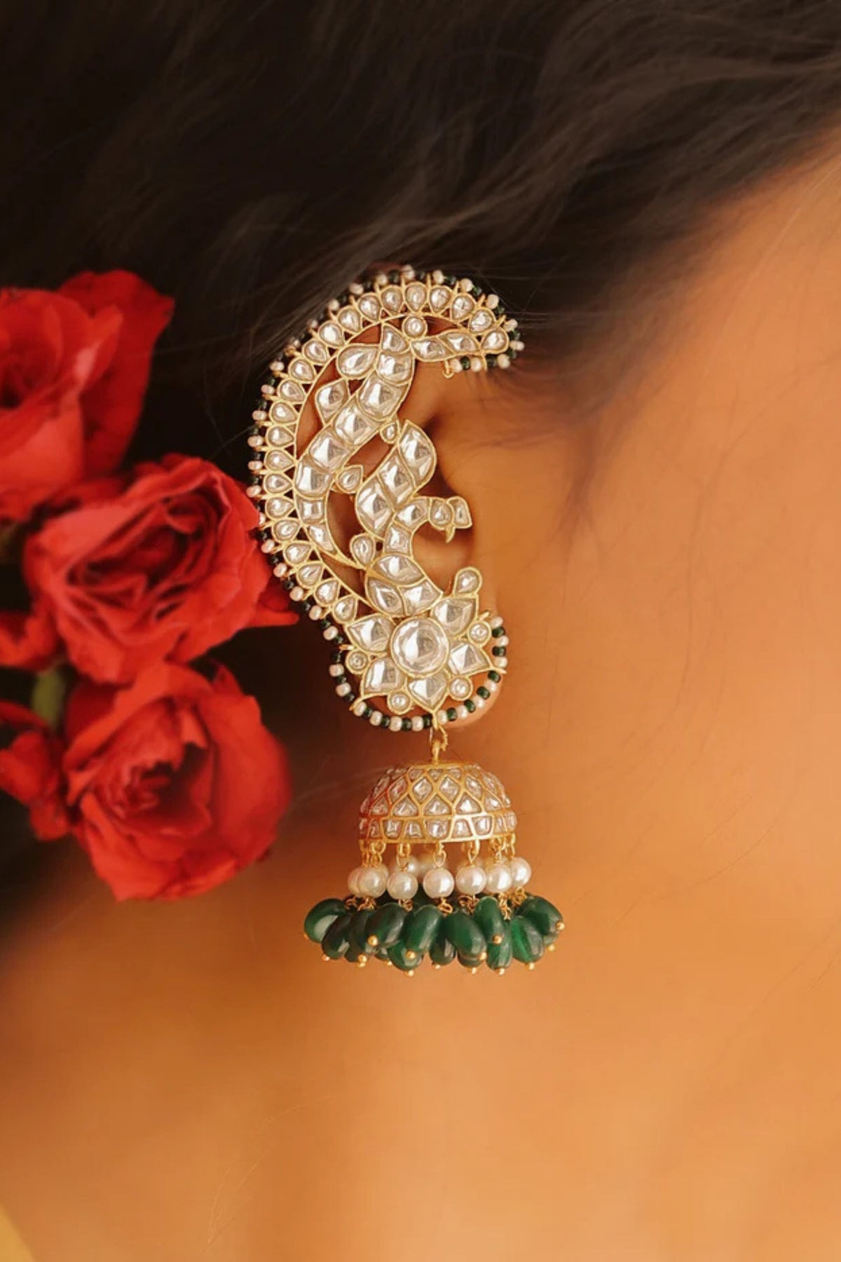 Madhuri Green Jadau Kundan Earrings