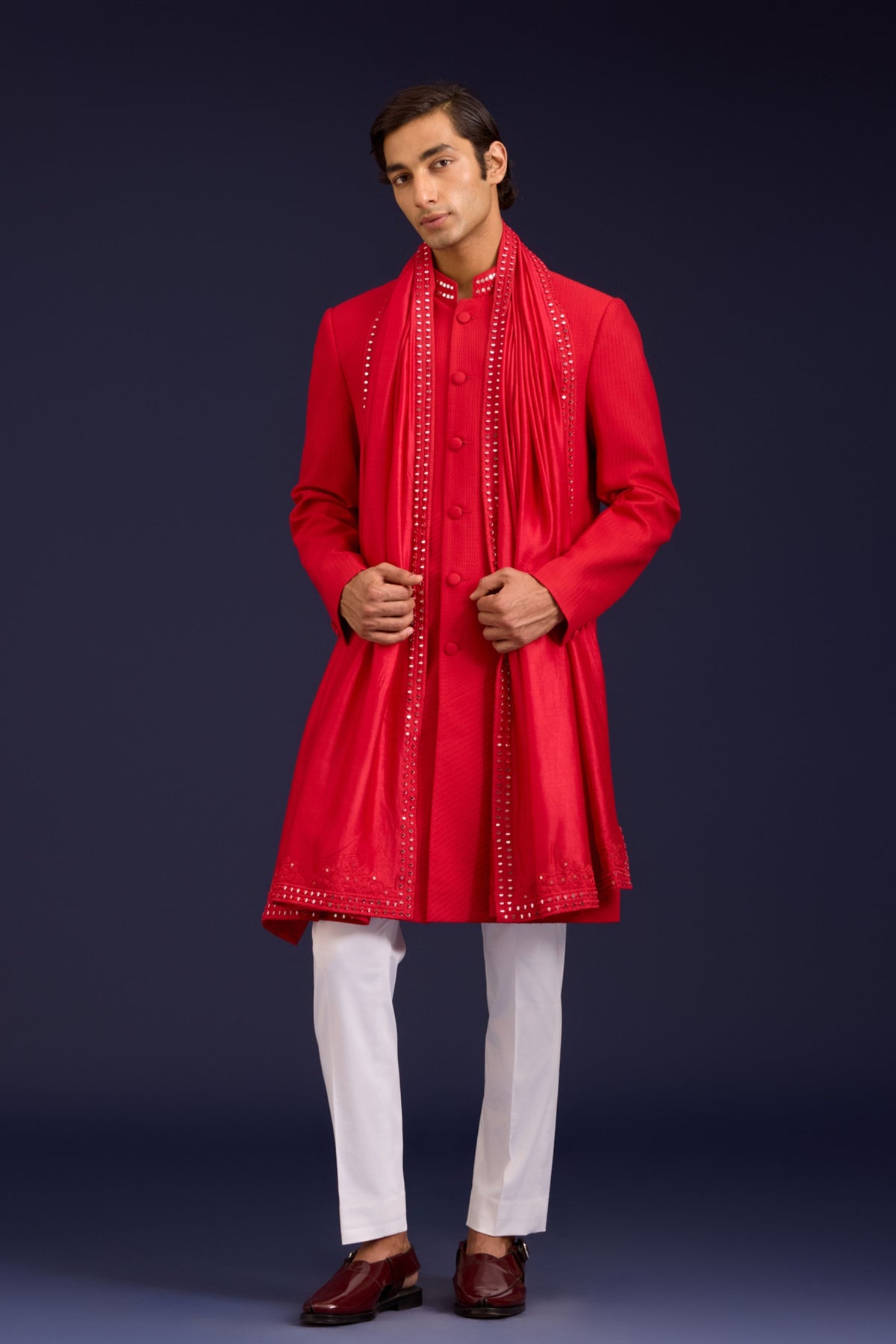 Red Cotton Silk Sherwani Set