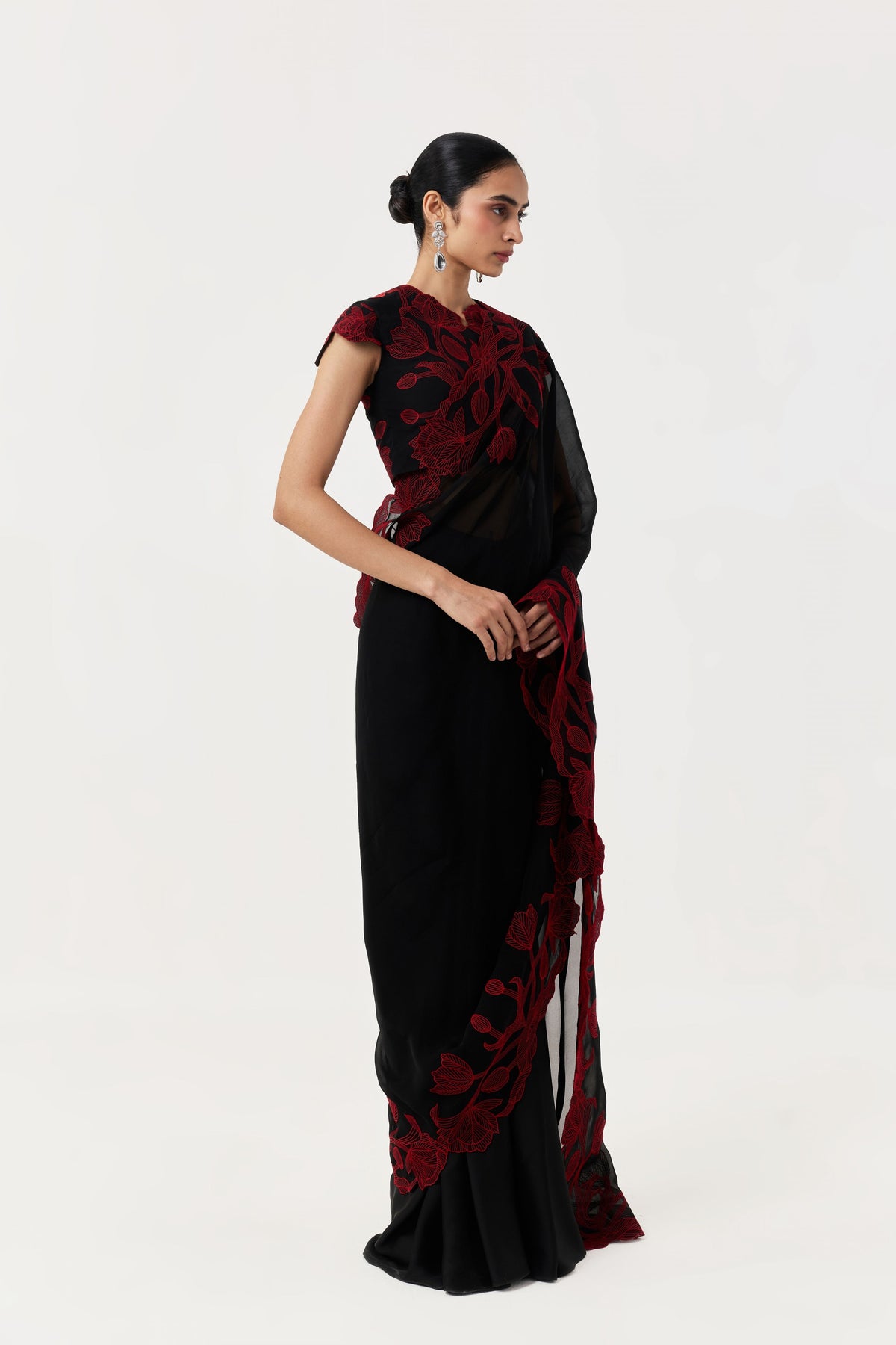 Wild Tulip Pre-Stitched Black Red Saree Set
