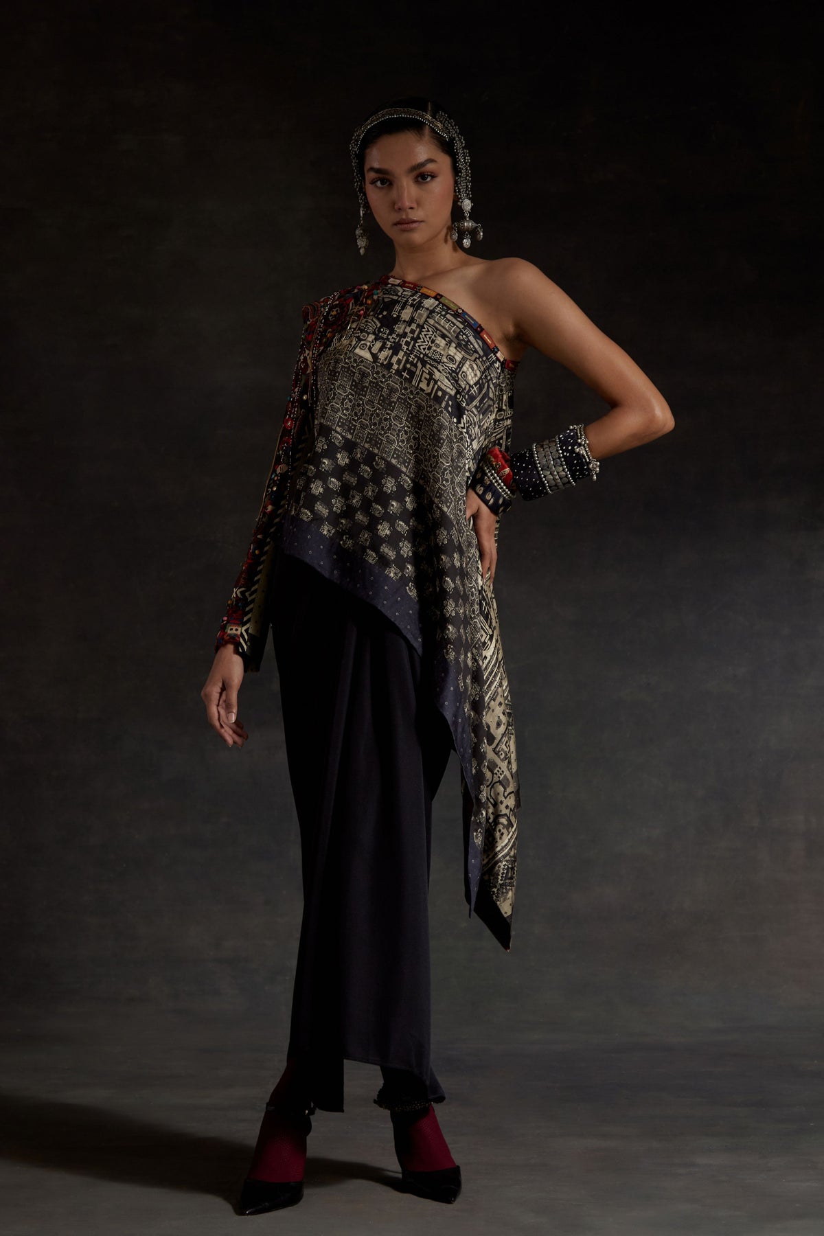 Embroidered Rasa One Shoulder Long Top Set