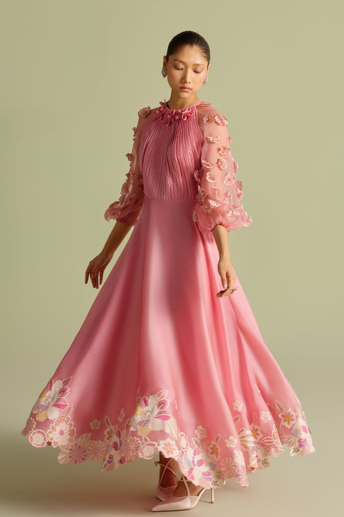 Pink Embroidered Flounce Dress