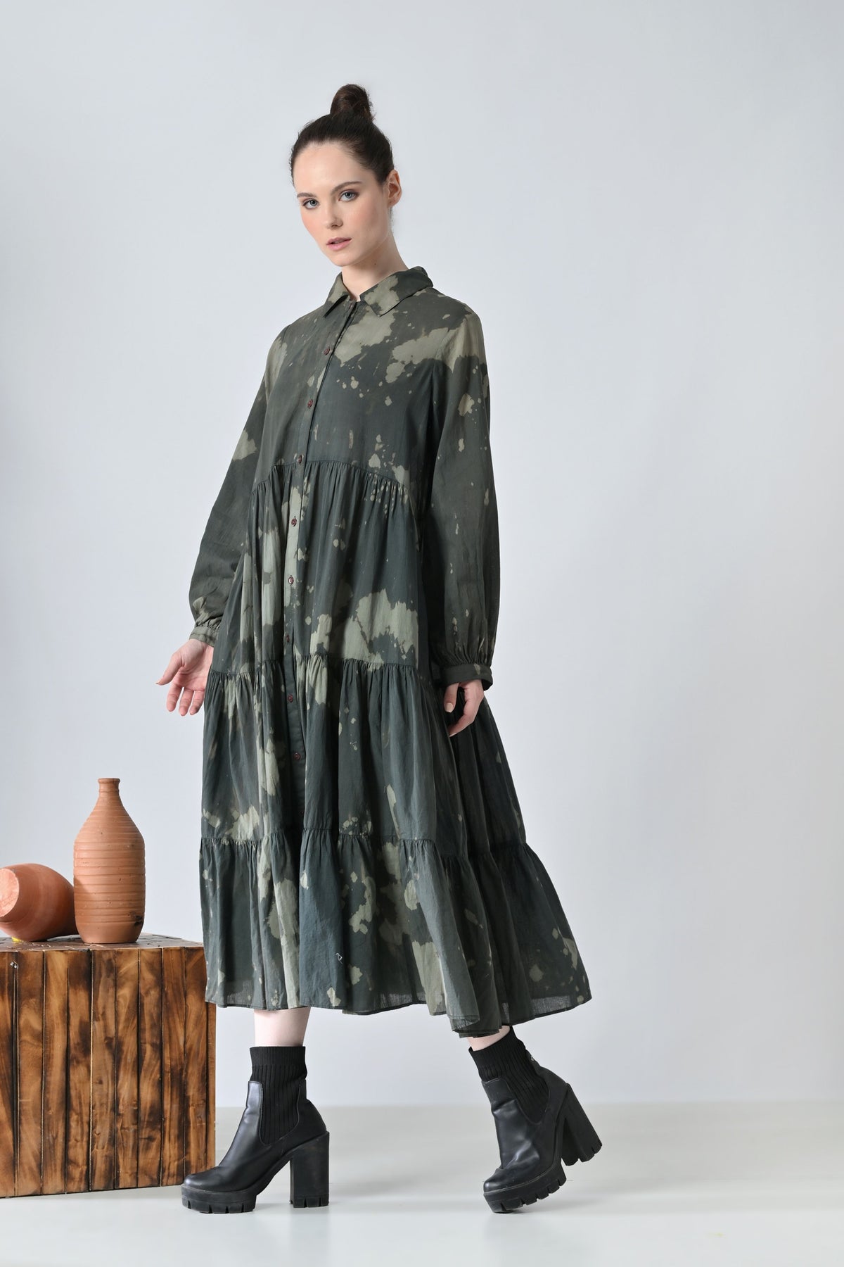 Forest Green Printed Tiered Shirt Dress