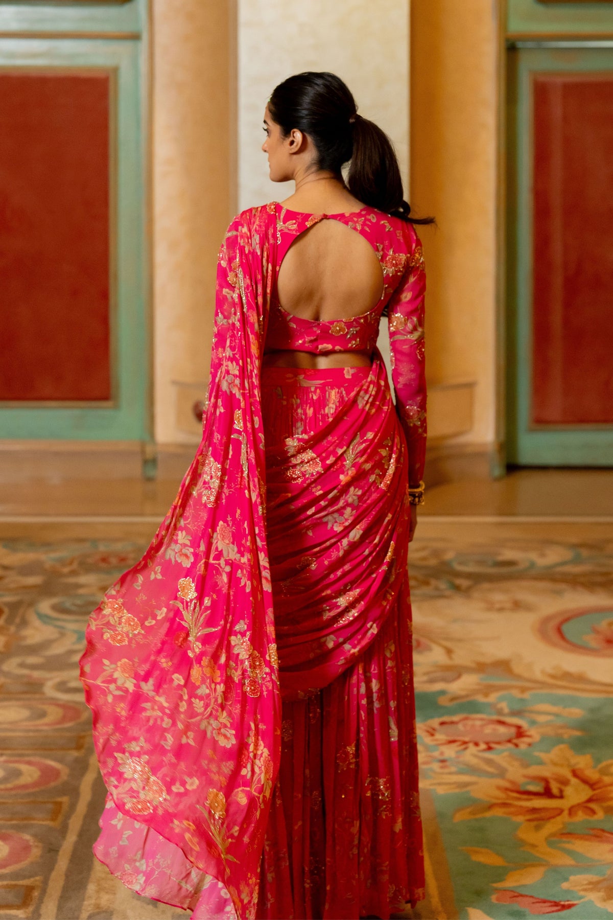 Pink Floral Printed Pre Draped Saree Set