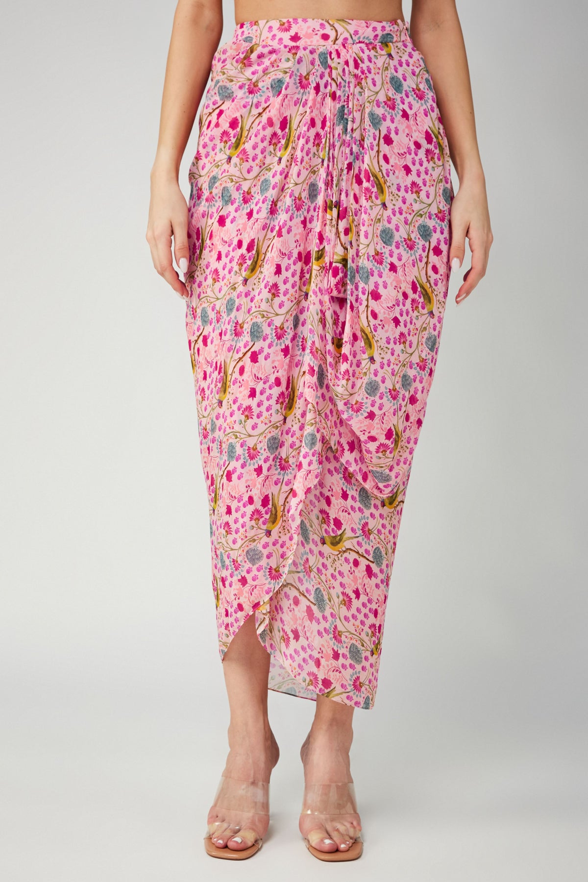 Pink Parrot Print Drape Skirt