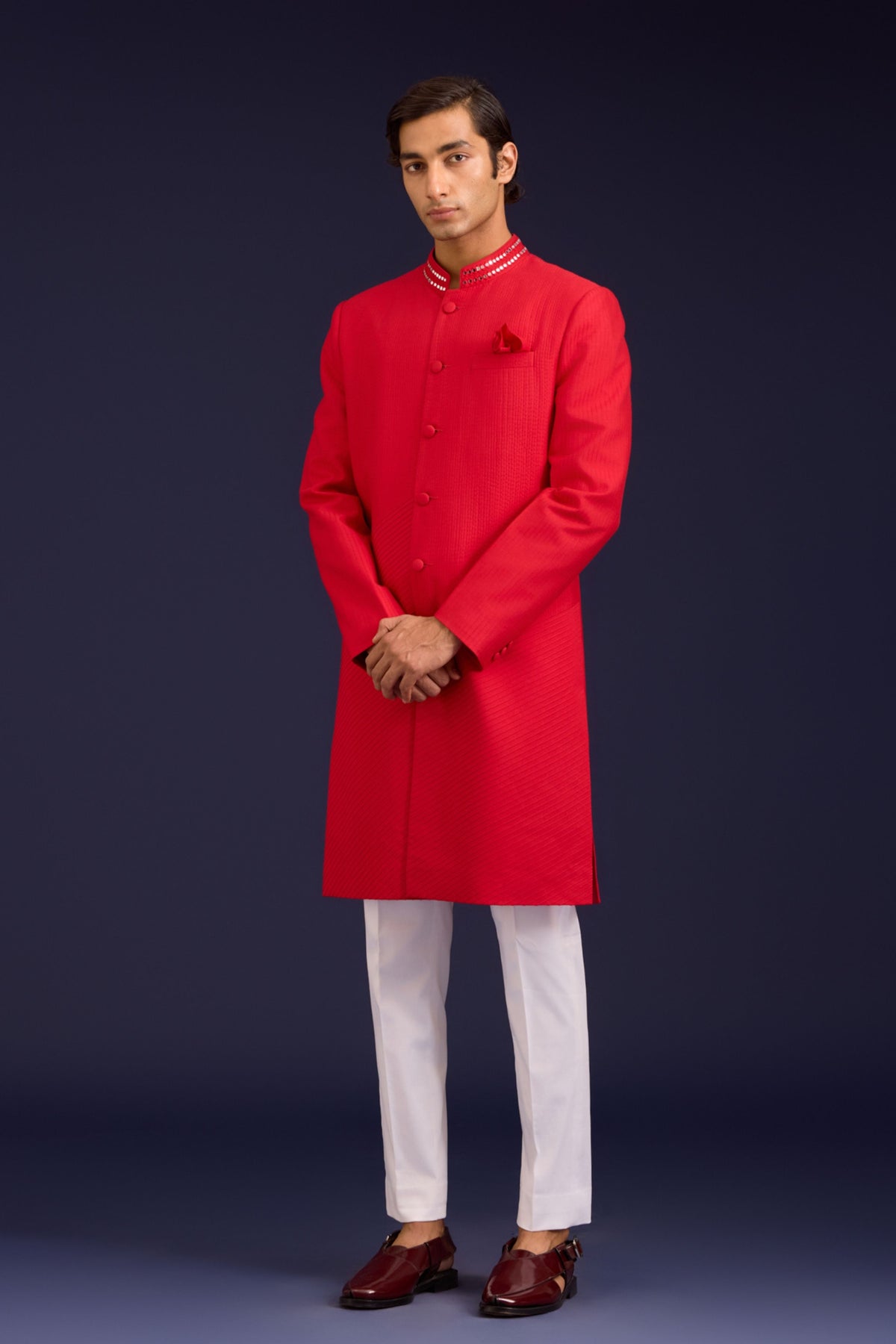 Red Cotton Silk Sherwani Set