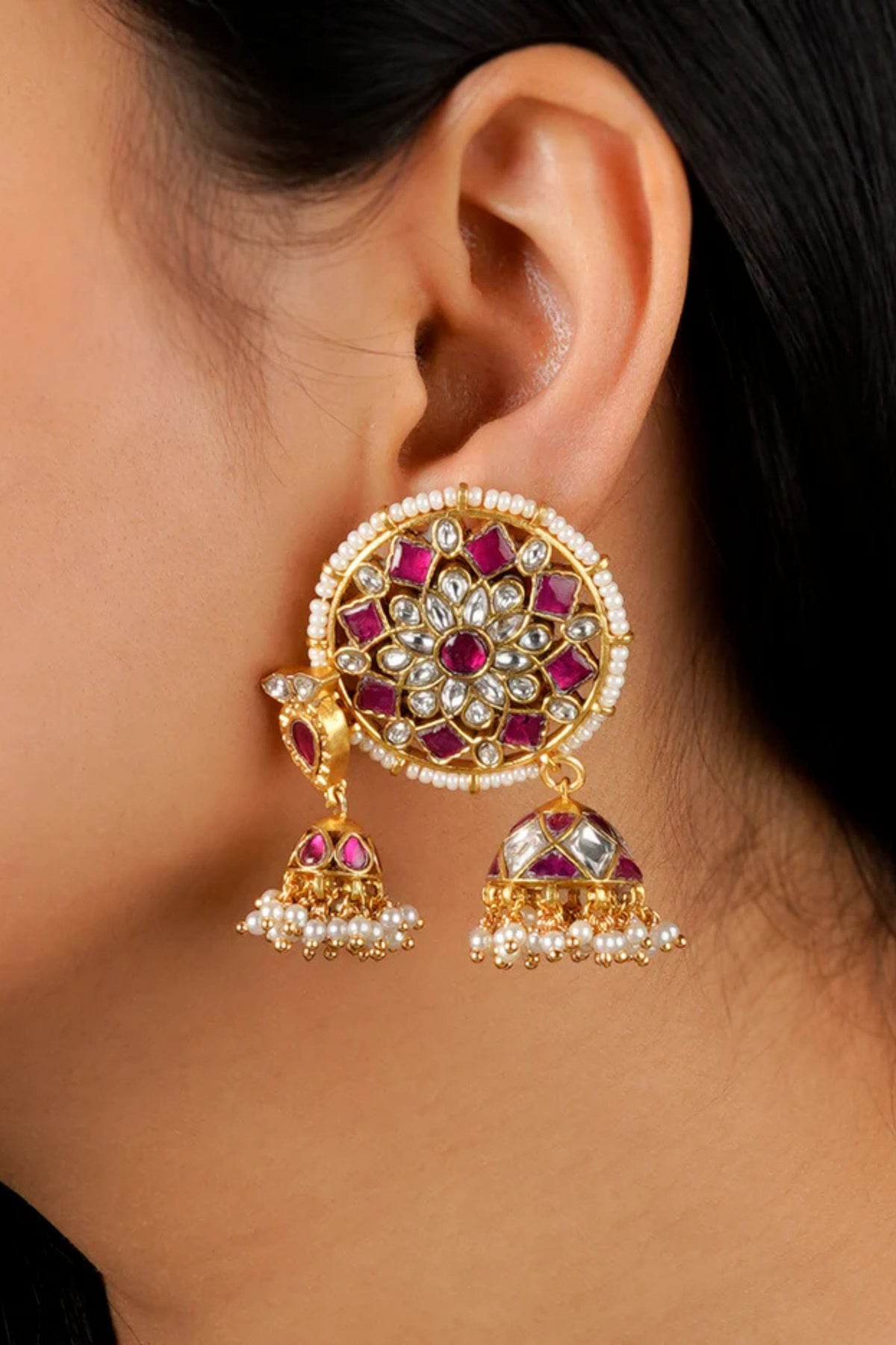 Pink Color Gold Plated Jadau Kundan Earrings