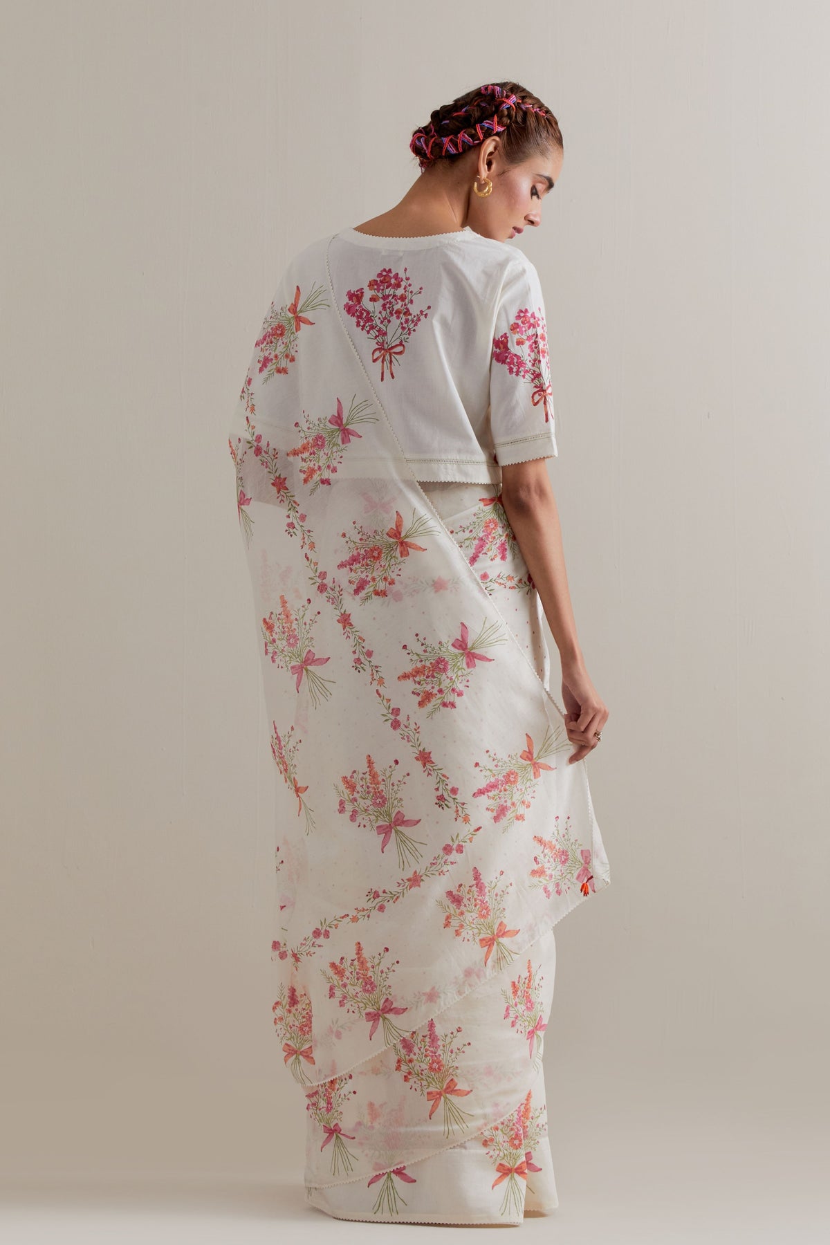 Pink Green Polka Saree Set