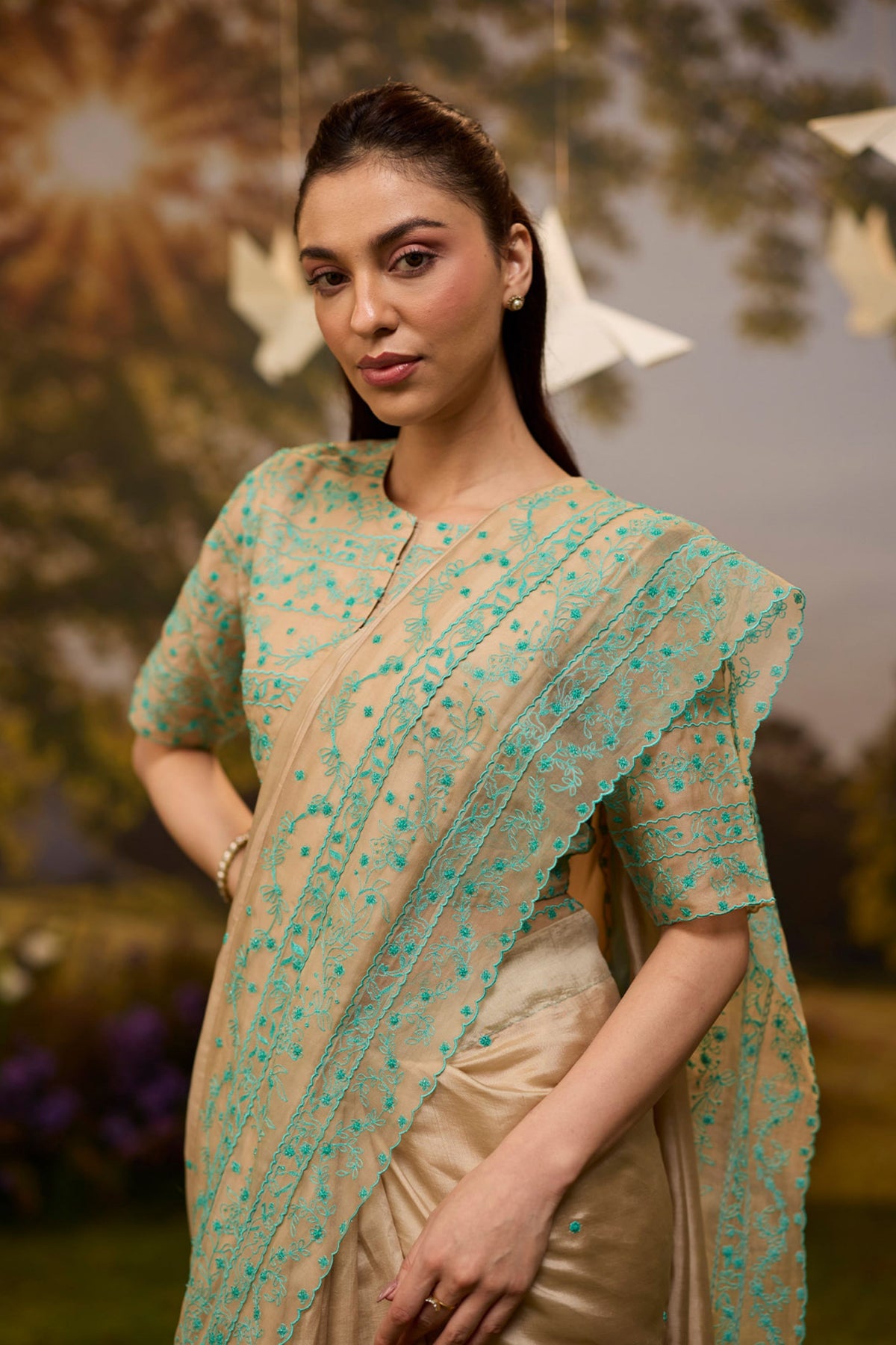 Woodland Stories Embroidered Beige Saree