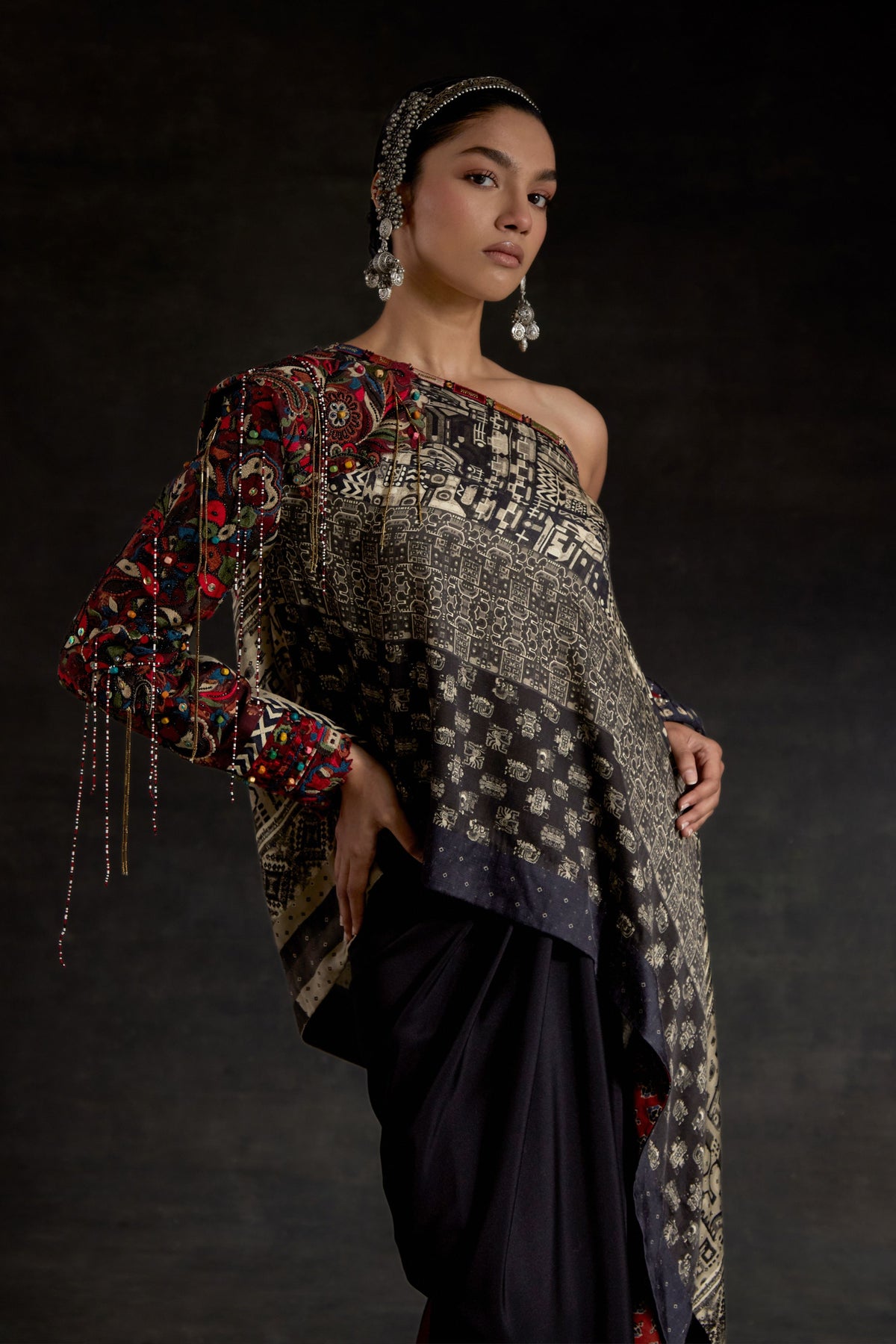 Embroidered Rasa One Shoulder Long Top Set