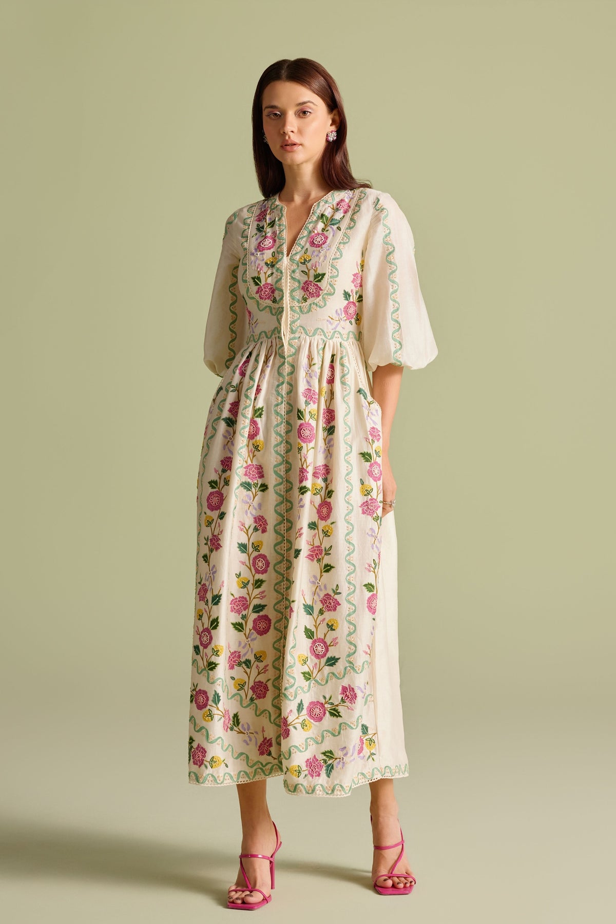 Ivory Floral Vines Midi Dress