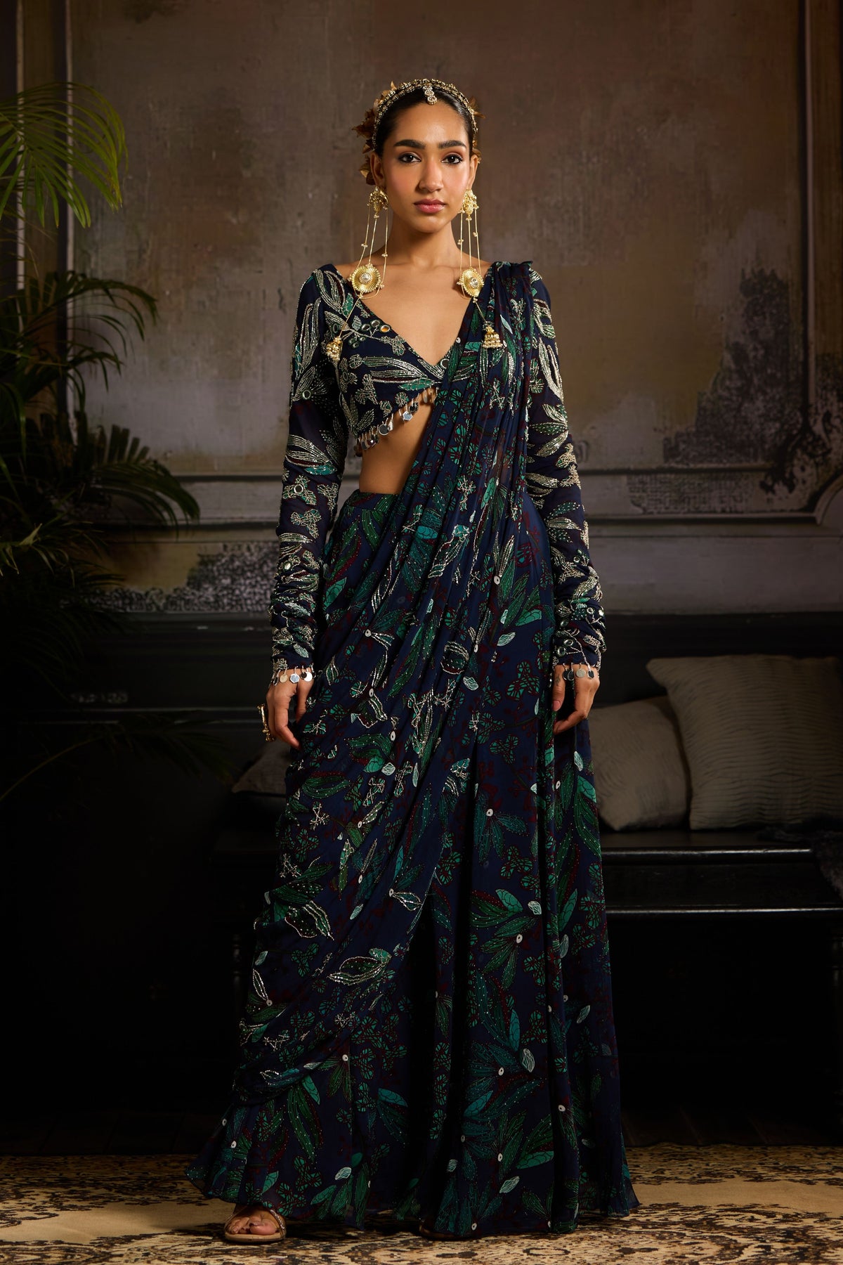 Dark Blue Draped Saree Set