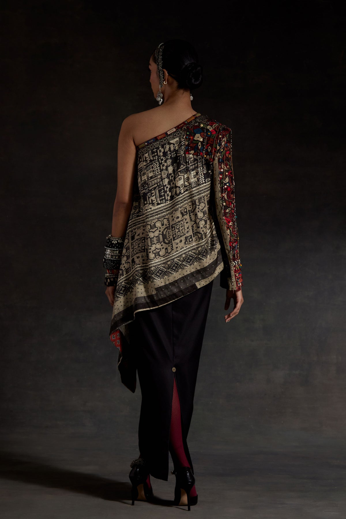 Embroidered Rasa One Shoulder Long Top Set