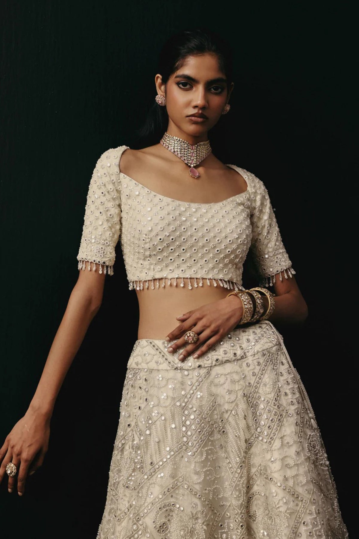 Ivory Mirrorwork Lehenga  Set