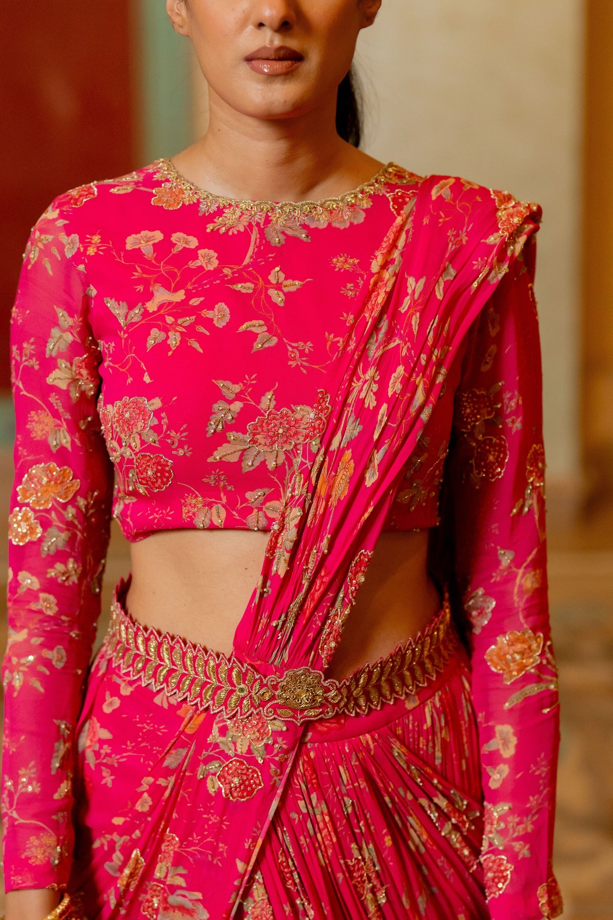 Pink Floral Printed Pre Draped Saree Set