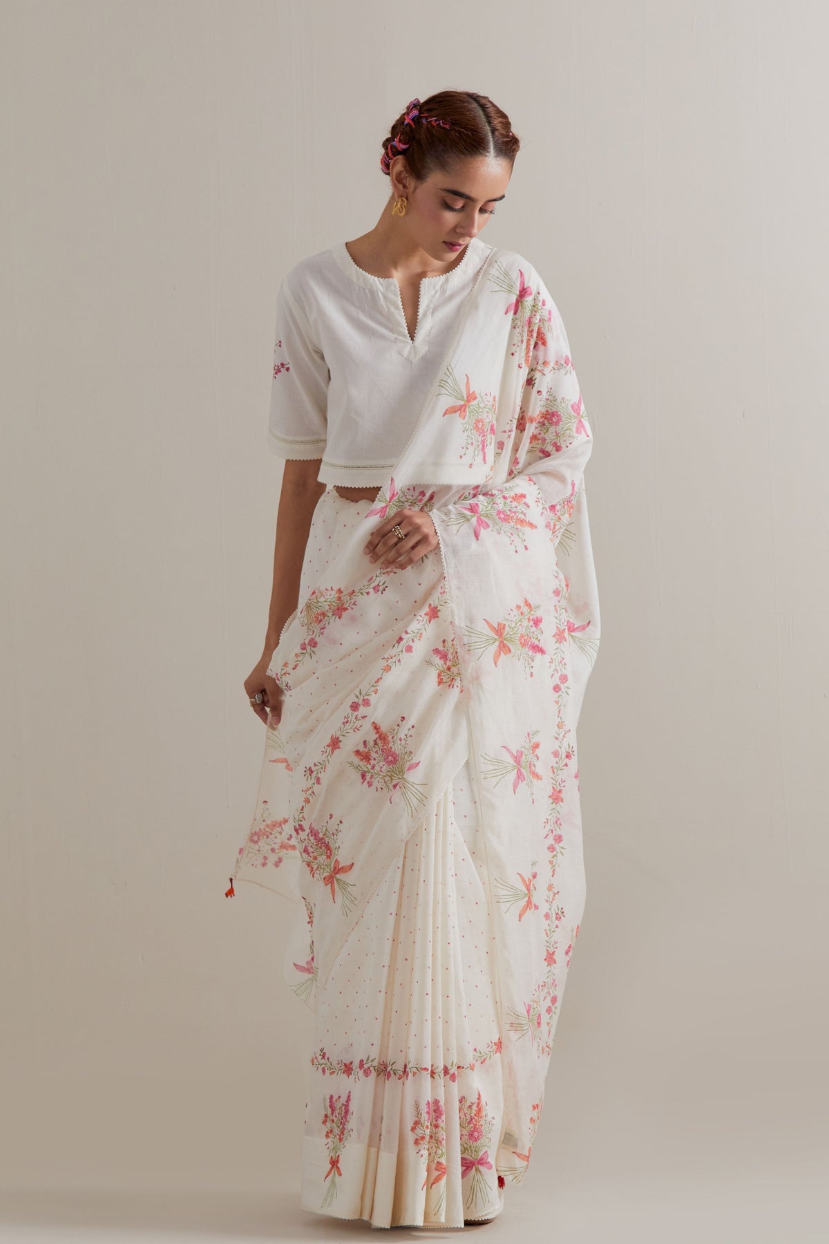 Pink Green Polka Saree Set