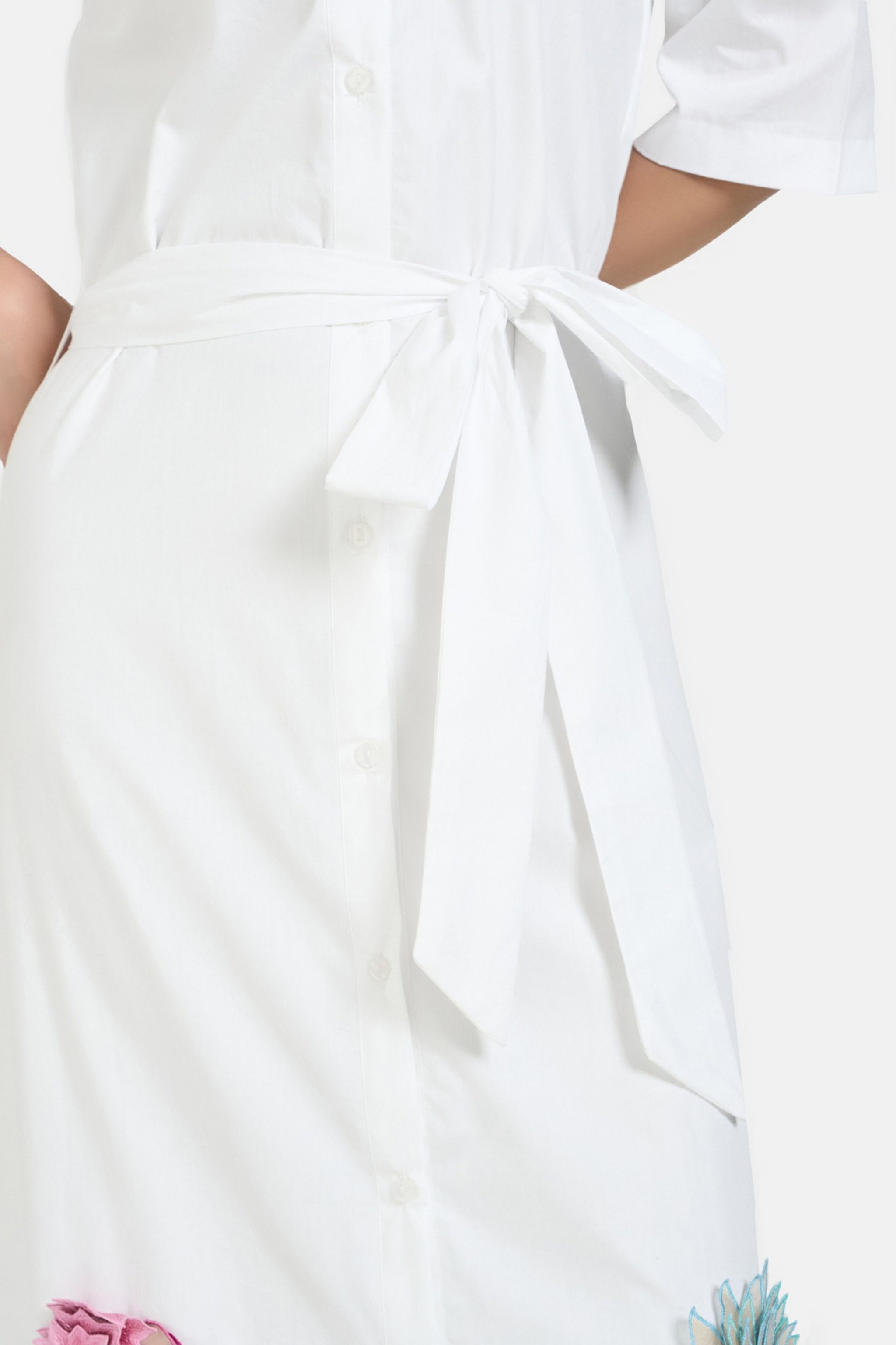 Be True - White 3d Flower Embroidered Shirt Dress - Elahe Be True - White 3d Flower Embroidered Shirt Dress - Elahe
