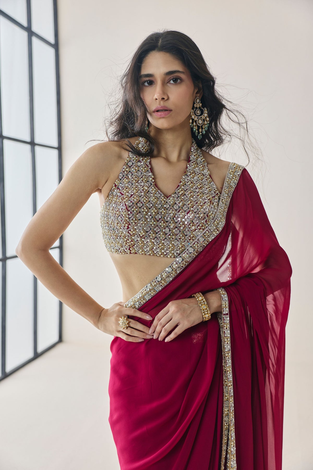 Elowen Berry Pre Stitched Saree Set