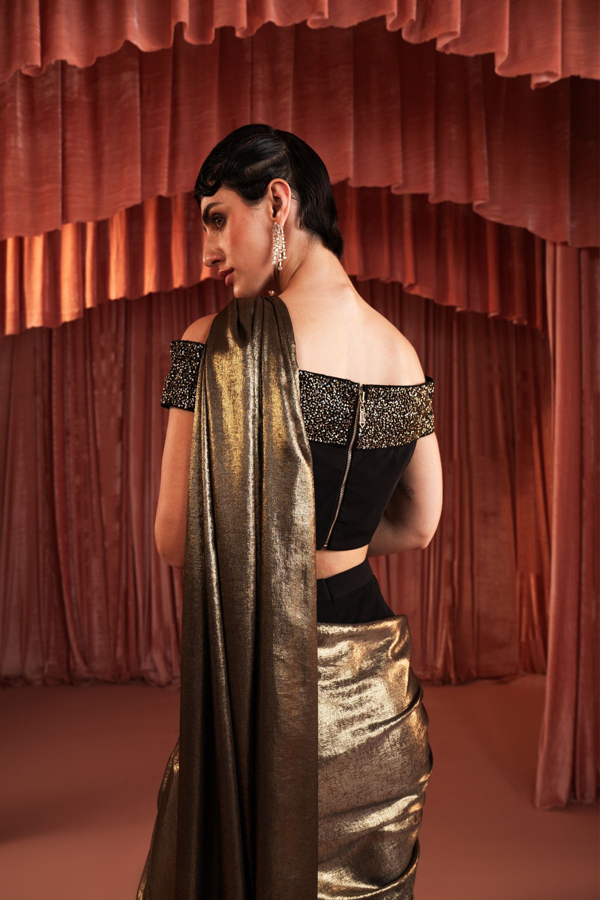 Black Beaded Pre-Draped Pant Saree Set